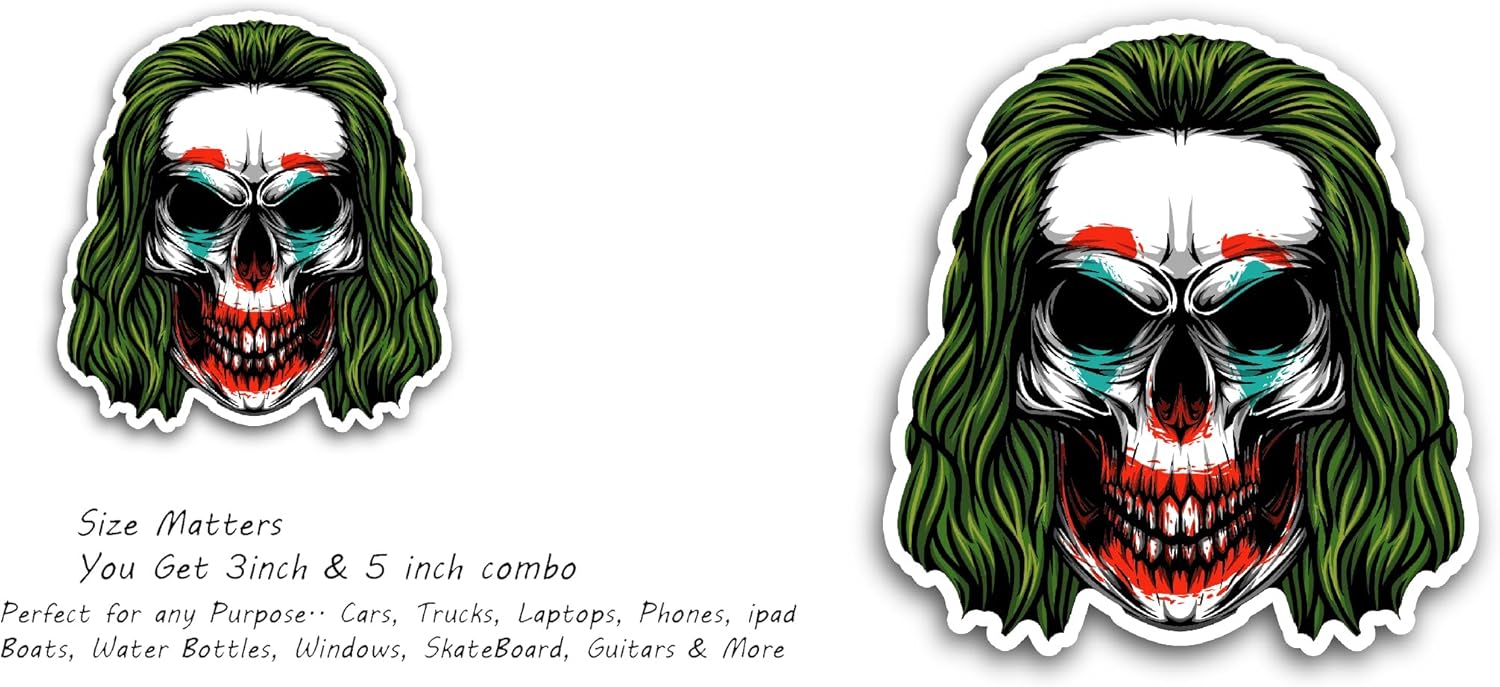 2 (Pieces) 3" and 5" Evil Joker Sticker, Waterproof Vinyl Decals for Many Purpose Like Cars, Trucks, Laptops, Phones, Windows and More