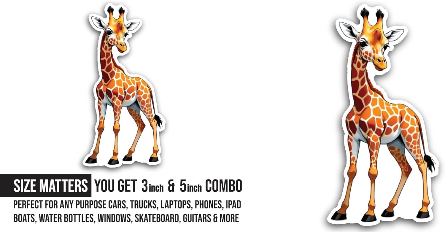 2 (Pieces) 3" and 5" Cartoon Giraffe Sticker, Waterproof Vinyl Decals for Many Purpose Like Cars, Trucks, Laptops, Phones, Windows and More