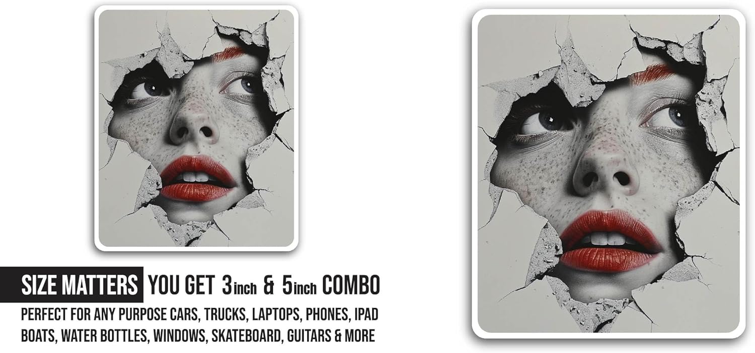 2 (Pieces) 3" and 5" Cracked Woman Portrait Sticker, Waterproof Vinyl Decals for Many Purpose Like Cars, Trucks, Laptops, Phones, Windows and More