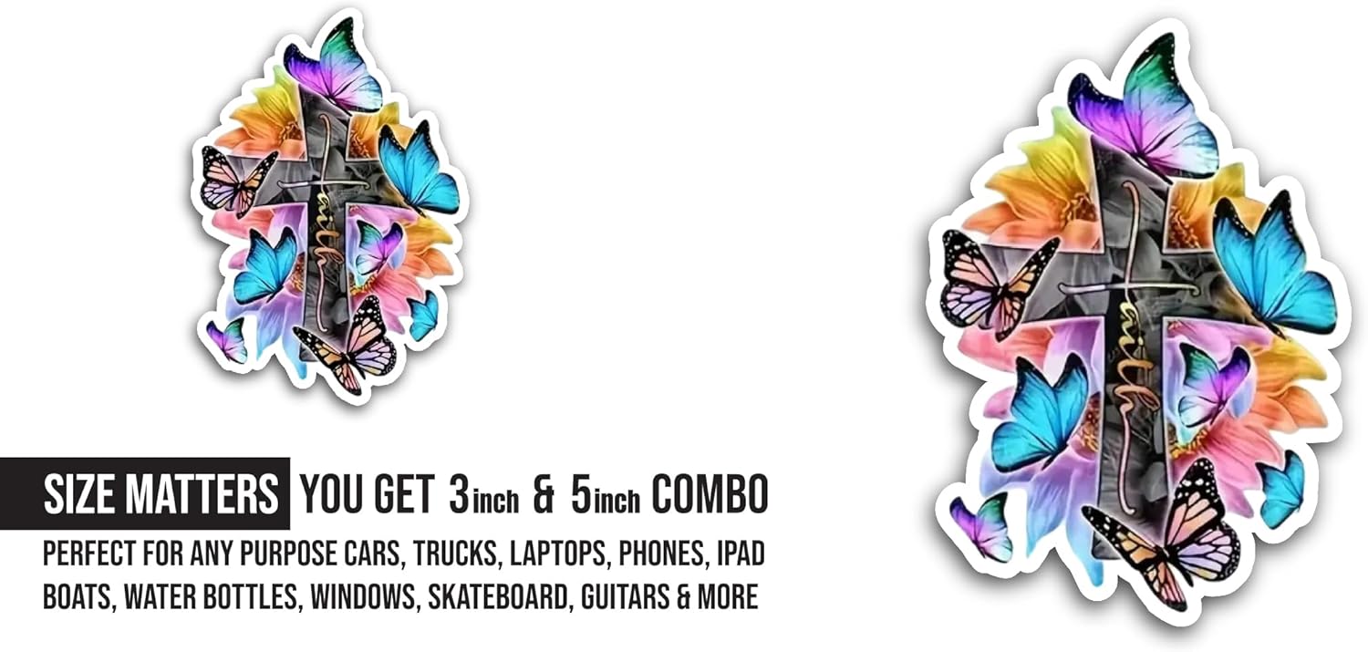 2 (Pieces) 3" and 5" Colorful Faith Floral Butterfly Sticker, Waterproof Vinyl Decals for Many Purpose Like Cars, Trucks, Laptops, Phones, Windows and More