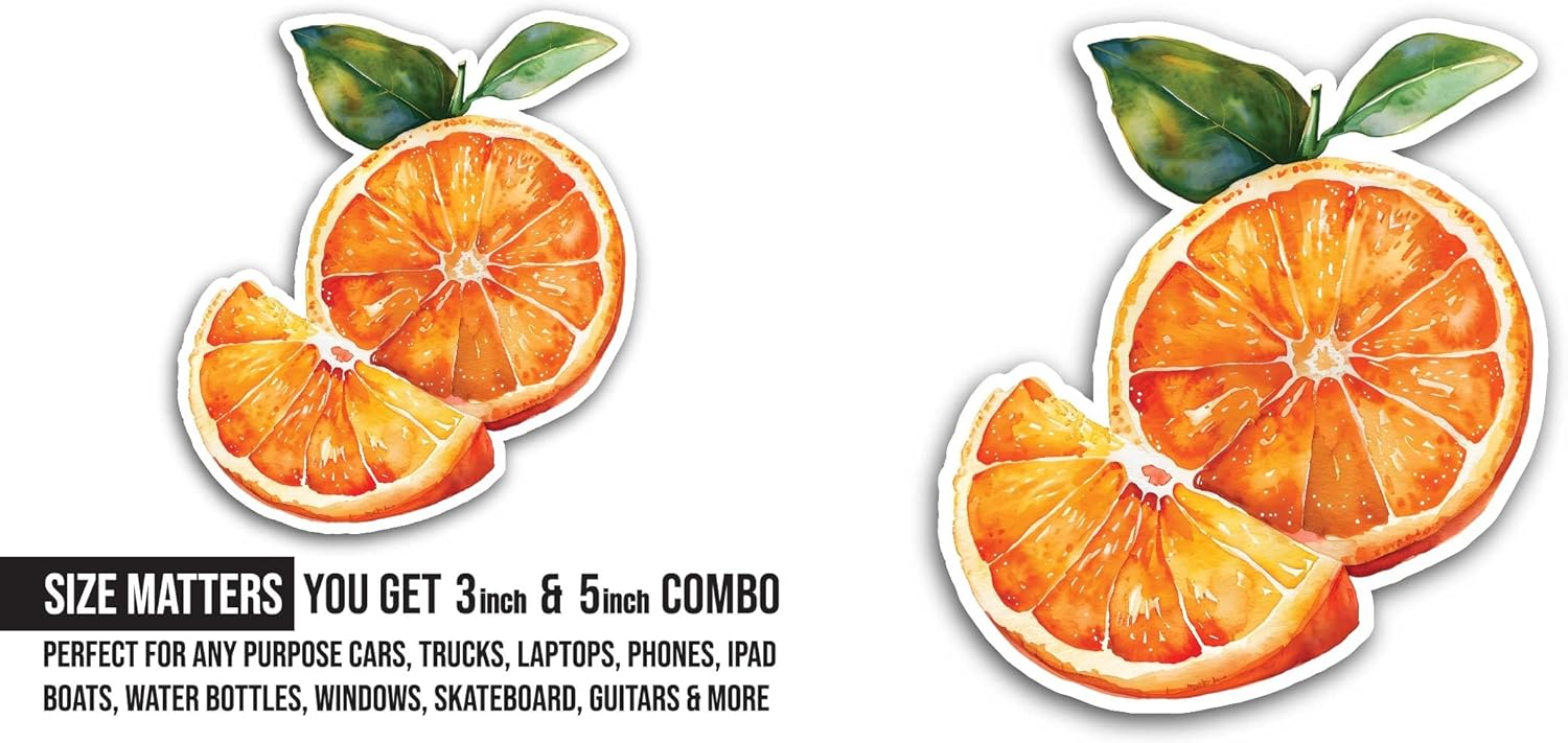 2 (Pieces) 3" and 5" Orange Slices Sticker, Waterproof Vinyl Decals for Many Purpose Like Cars, Trucks, Laptops, Phones, Windows and More