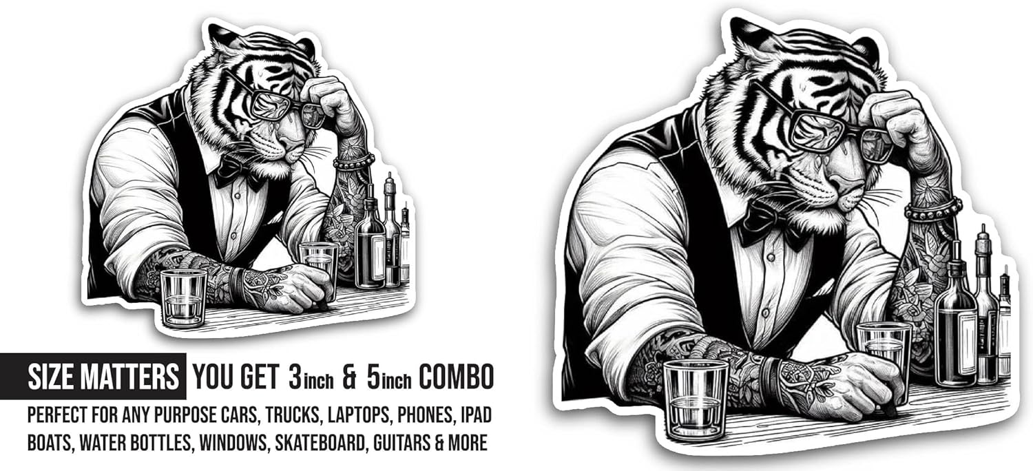 2 (Pieces) 3" and 5" Tiger Holding A Glass of Wine Sticker, Waterproof Vinyl Decals for Many Purpose Like Cars, Trucks, Laptops, Phones, Windows and More