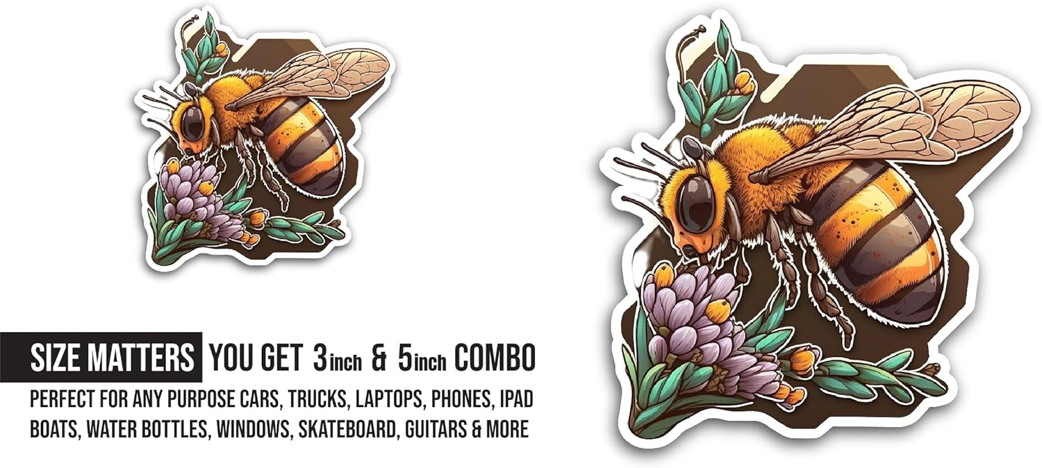 2 (Pieces) 3" and 5" Bee with Flowers Sticker, Waterproof Vinyl Decals for Many Purpose Like Cars, Trucks, Laptops, Phones, Windows and More