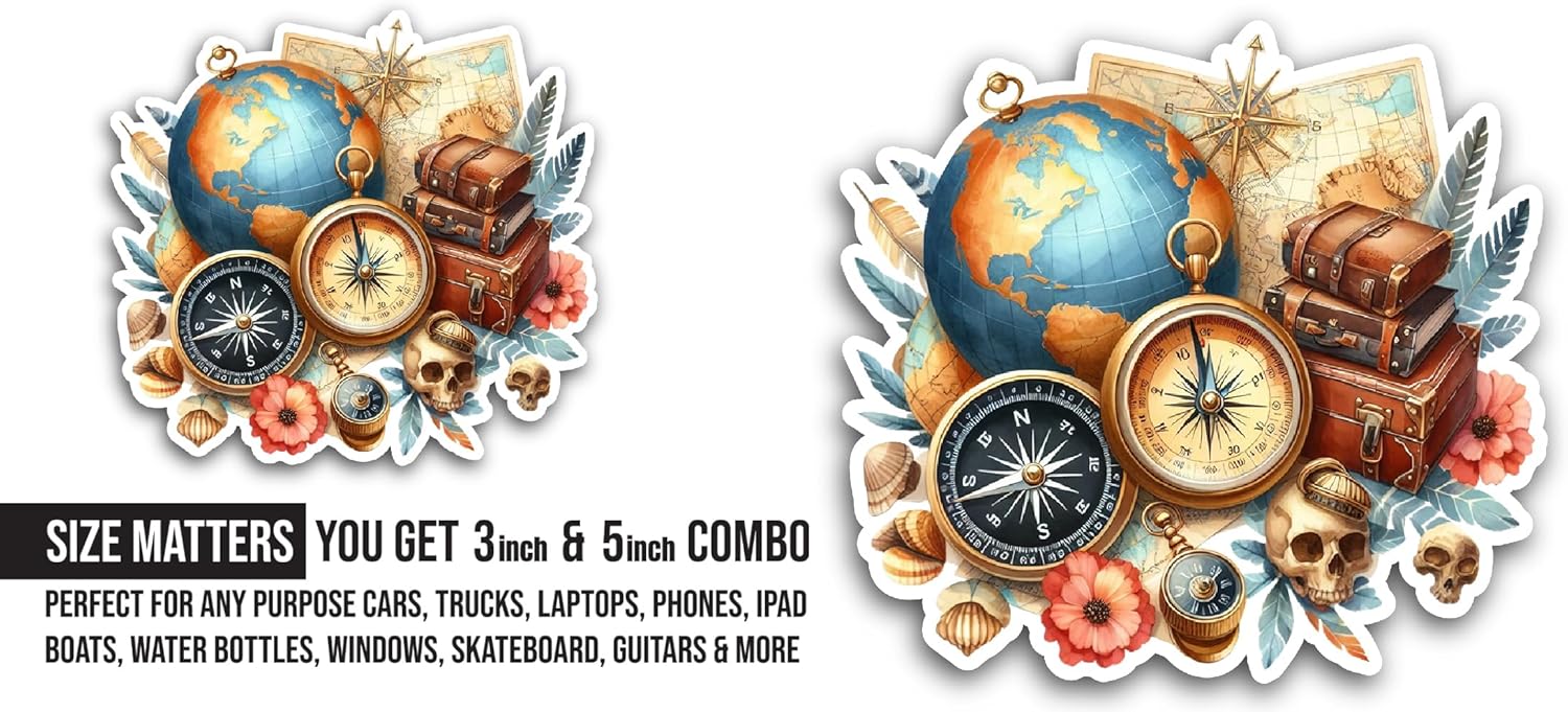 2 (Pieces) 3" and 5" World Map with A Compass Sticker, Waterproof Vinyl Decals for Many Purpose Like Cars, Trucks, Laptops, Phones, Windows and More