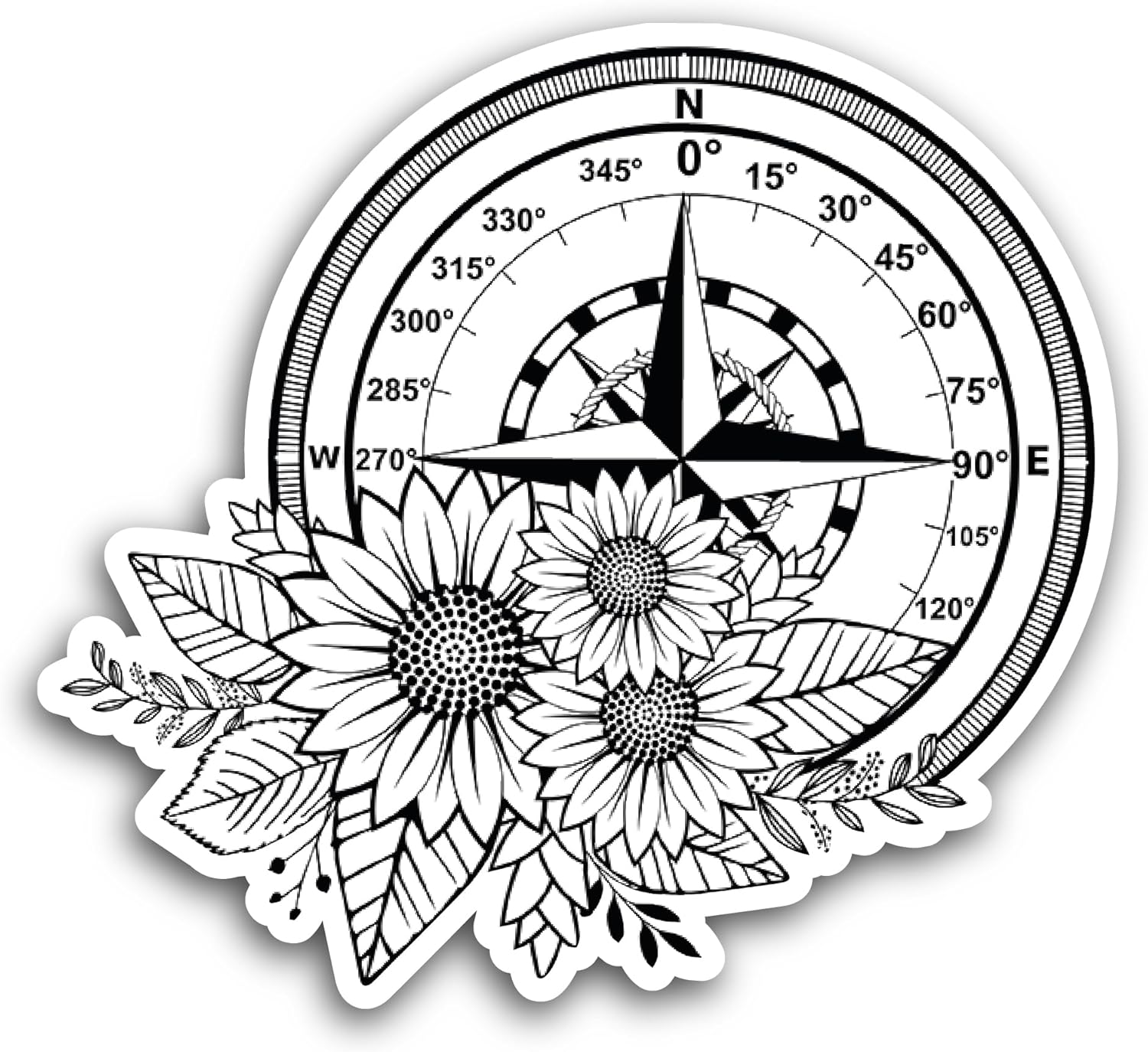 2 (Pieces) 3" and 5" Vintage Compass with Flowers Sticker, Waterproof Vinyl Decals for Many Purpose Like Cars, Trucks, Laptops, Phones, Windows and More
