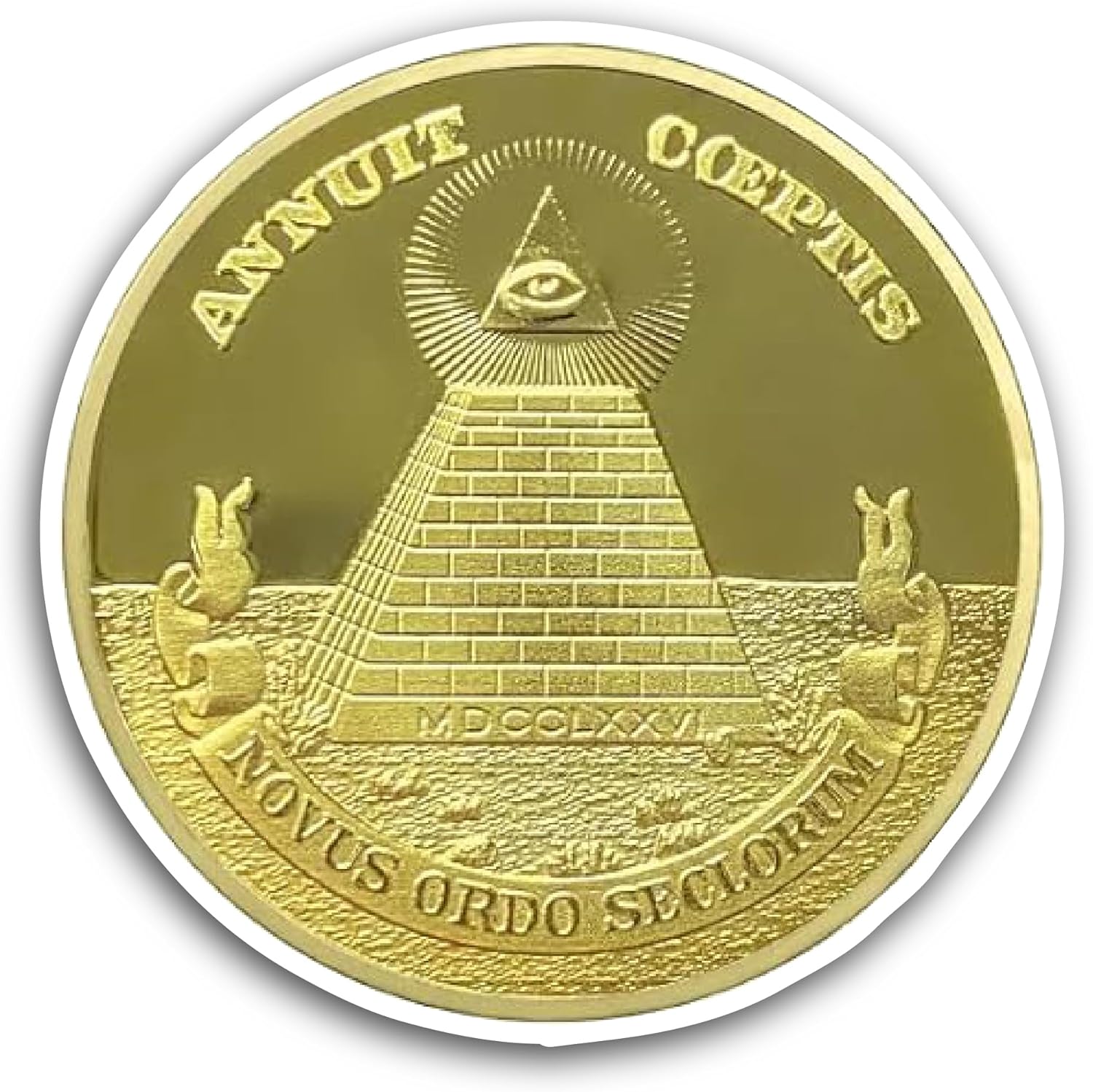 2 (Pieces) 3" and 5" Gold Coin with Pyramid Sticker, Waterproof Vinyl Decals for Many Purpose Like Cars, Trucks, Laptops, Phones, Windows and More