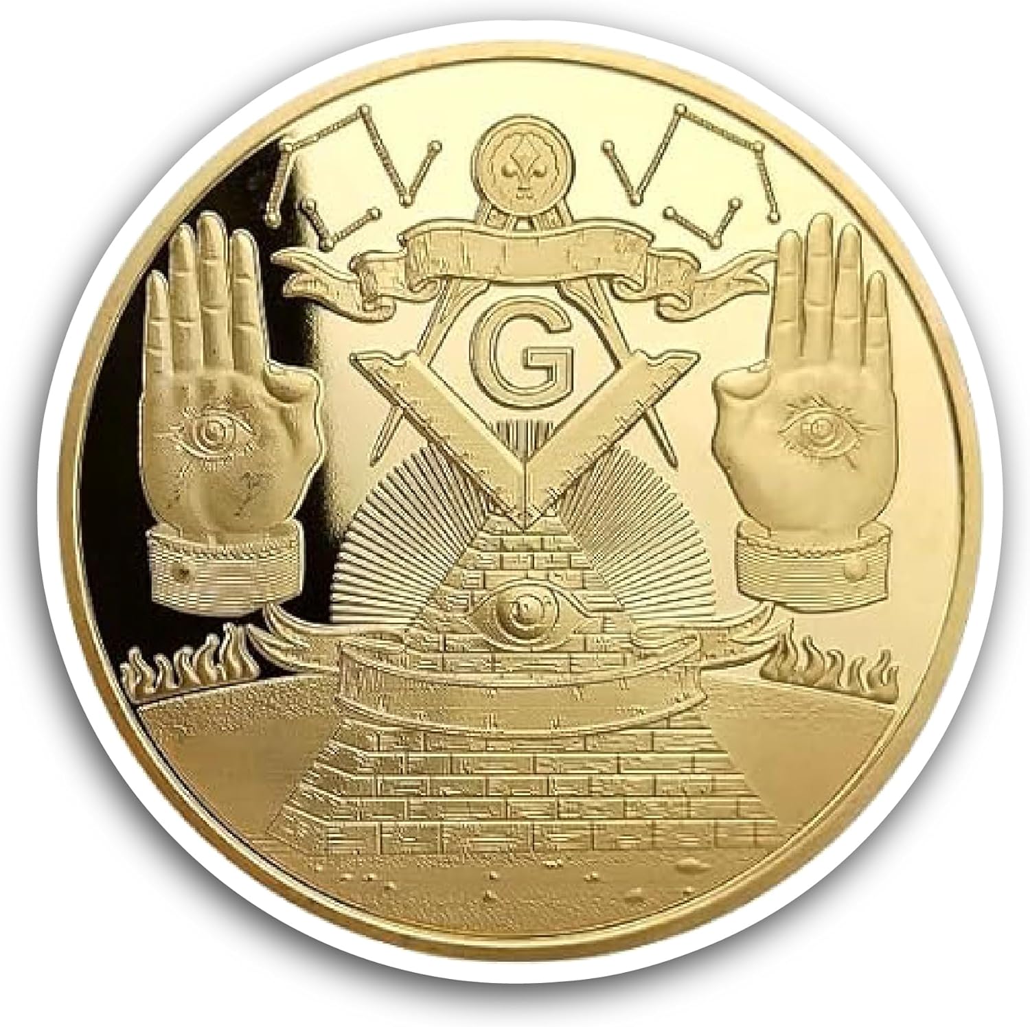 2 (Pieces) 3" and 5" Gold Plated Masonic Coin Sticker, Waterproof Vinyl Decals for Many Purpose Like Cars, Trucks, Laptops, Phones, Windows and More