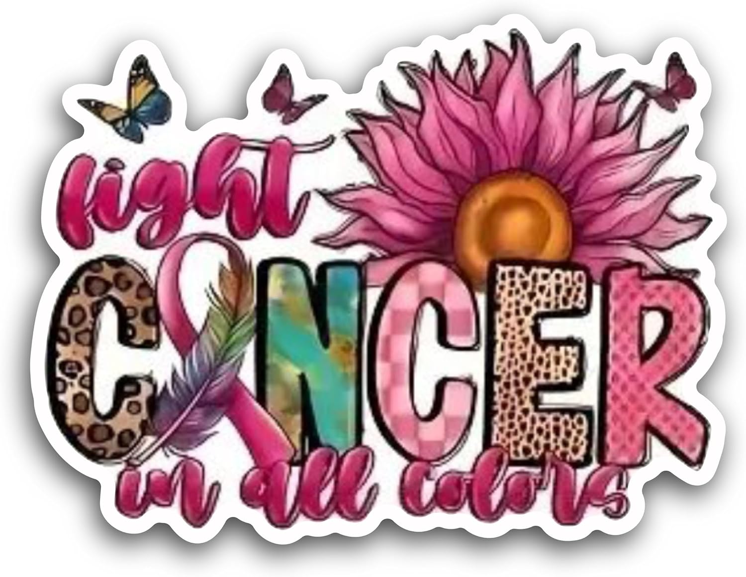 2 (Pieces) 3" and 5" Fight Cancer in All Colors with Daisy Flower Decal Sticker, Waterproof Vinyl Decals for Many Purpose Like Cars, Trucks, Laptops, Phones, Windows and More