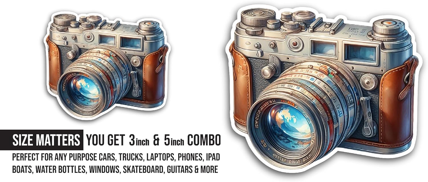 2 (Pieces) 3" and 5" Vintage Camera Sticker, Waterproof Vinyl Decals for Many Purpose Like Cars, Trucks, Laptops, Phones, Windows and More