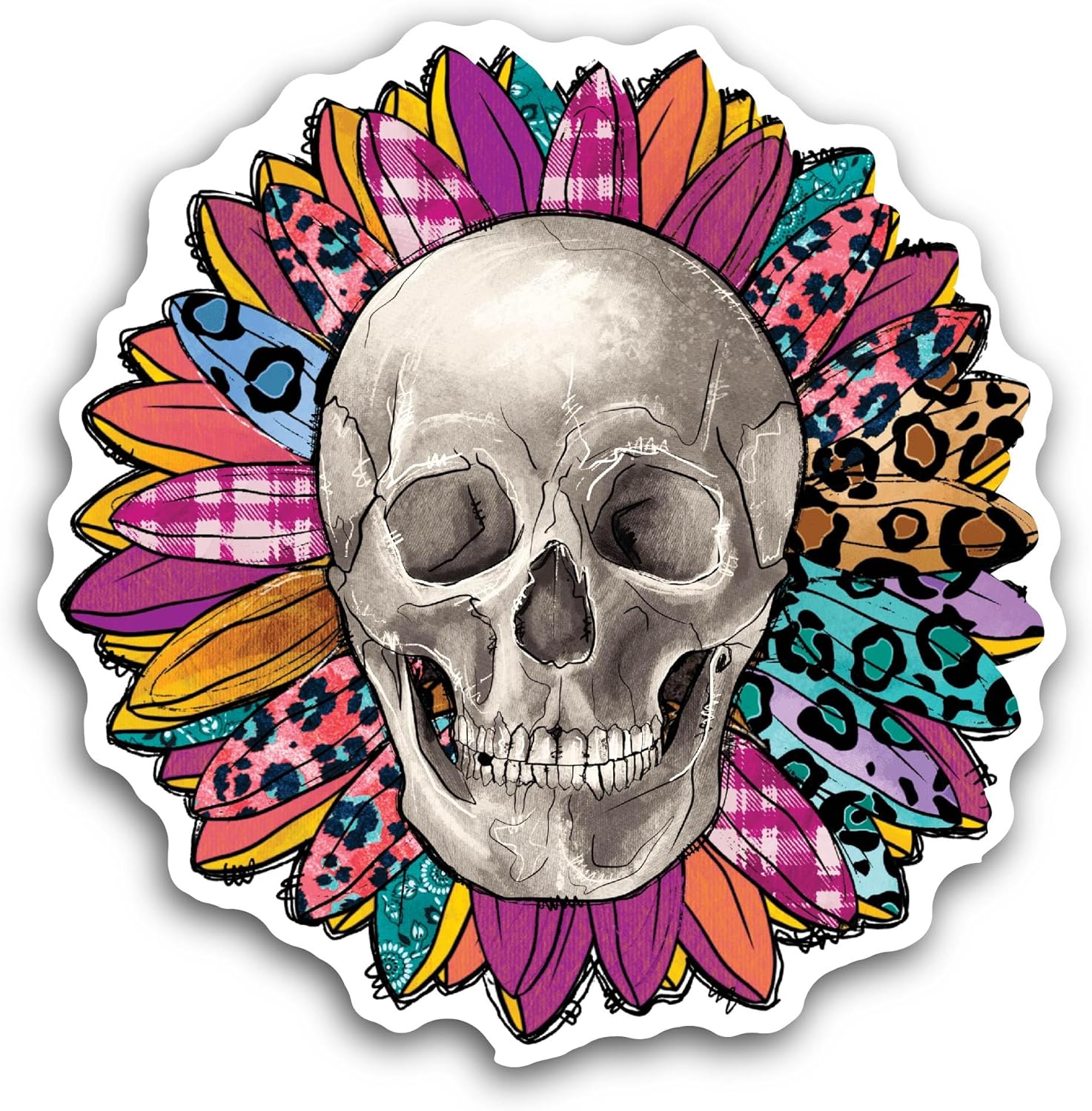 2 (Pieces) 3" and 5" Floral Skull Sticker, Waterproof Vinyl Decals for Many Purpose Like Cars, Trucks, Laptops, Phones, Windows and More