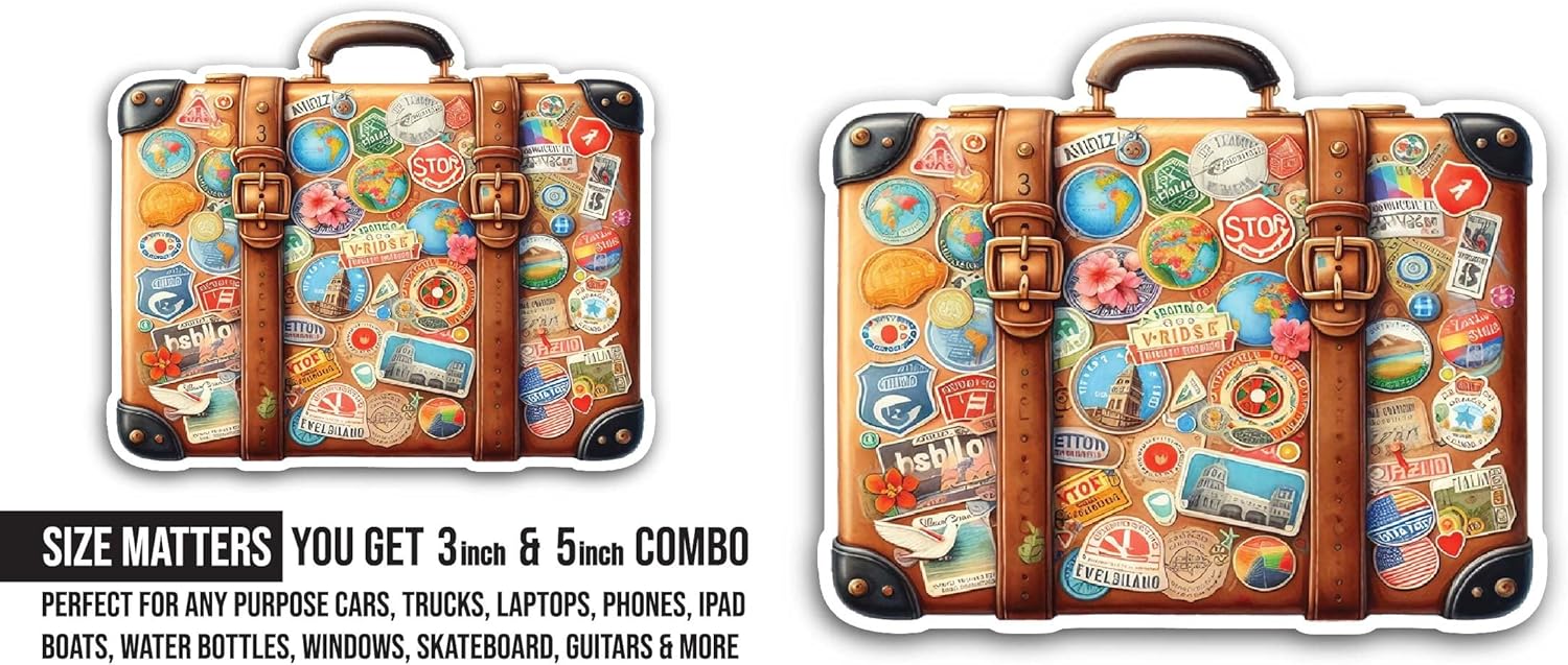 2 (Pieces) 3" and 5" Vintage Travel Suitcase Sticker, Waterproof Vinyl Decals for Many Purpose Like Cars, Trucks, Laptops, Phones, Windows and More