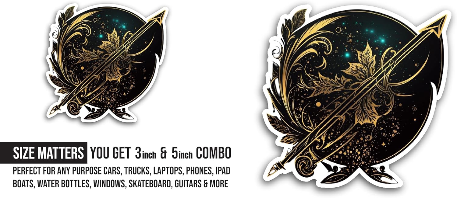 2 (Pieces) 3" and 5" Black and Gold Background with Leaves Sticker, Waterproof Vinyl Decals for Many Purpose Like Cars, Trucks, Laptops, Phones, Windows and More