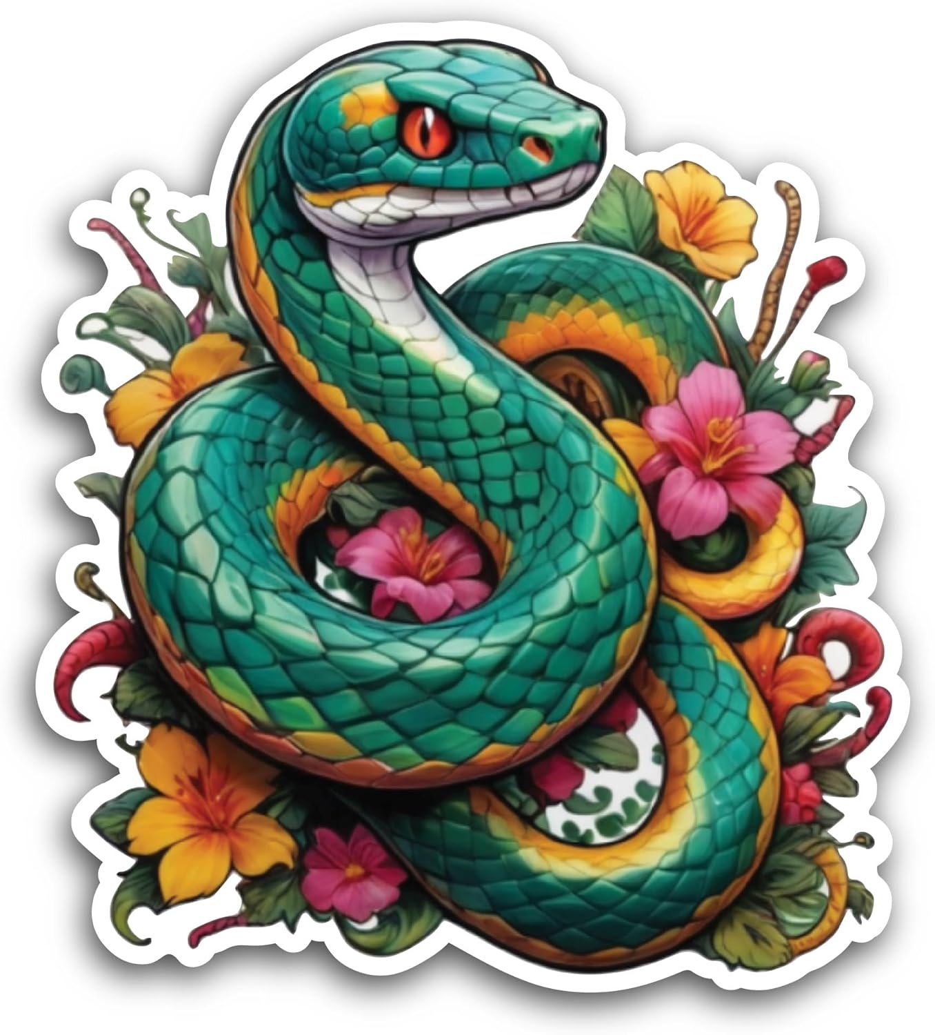 2 (Pieces) 3" and 5" Cartoon Snake with Flowers Sticker, Waterproof Vinyl Decals for Many Purpose Like Cars, Trucks, Laptops, Phones, Windows and More