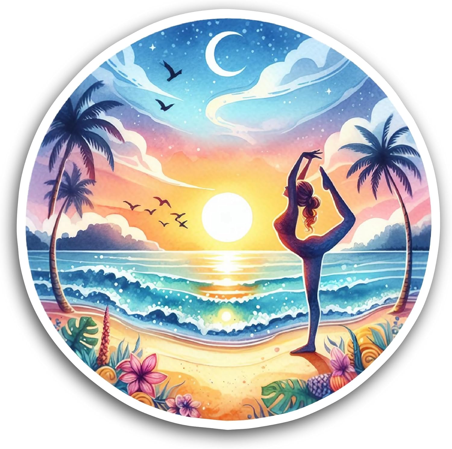 2 (Pieces) 3" and 5" Girl Doing Yoga at Beach Sticker, Waterproof Vinyl Decals for Many Purpose Like Cars, Trucks, Laptops, Phones, Windows and More
