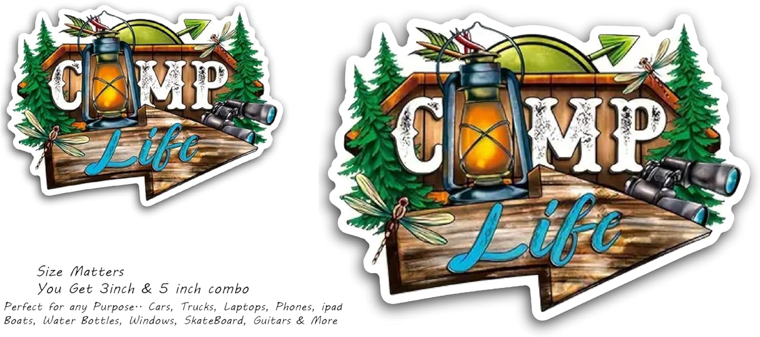2 (Pieces) 3" and 5" Camp Life Decal Sticker, Waterproof Vinyl Decals for Many Purpose Like Cars, Trucks, Laptops, Phones, Windows and More