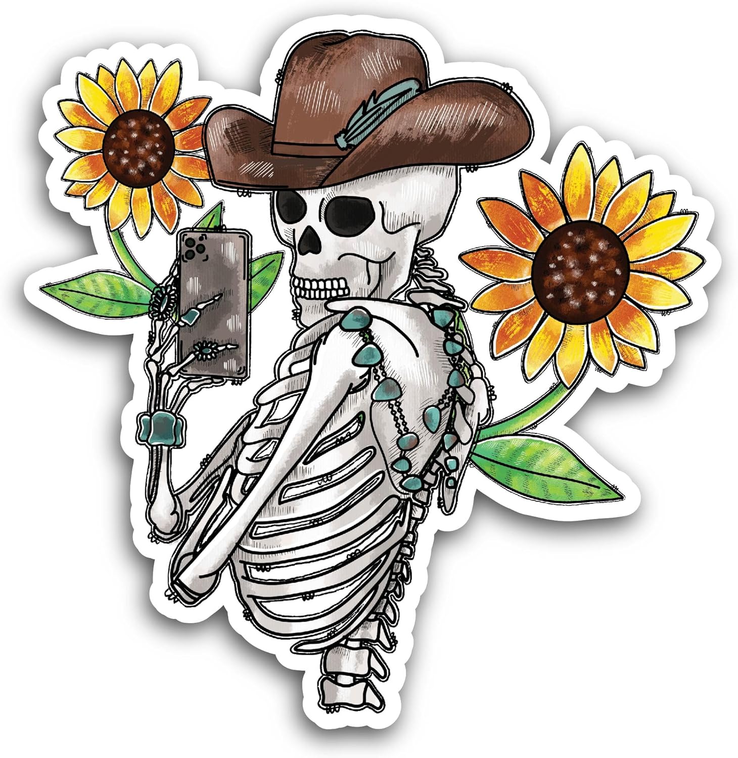 2 (Pieces) 3" and 5" Skeleton with Hat and Sunflowers Sticker, Waterproof Vinyl Decals for Many Purpose Like Cars, Trucks, Laptops, Phones, Windows and More