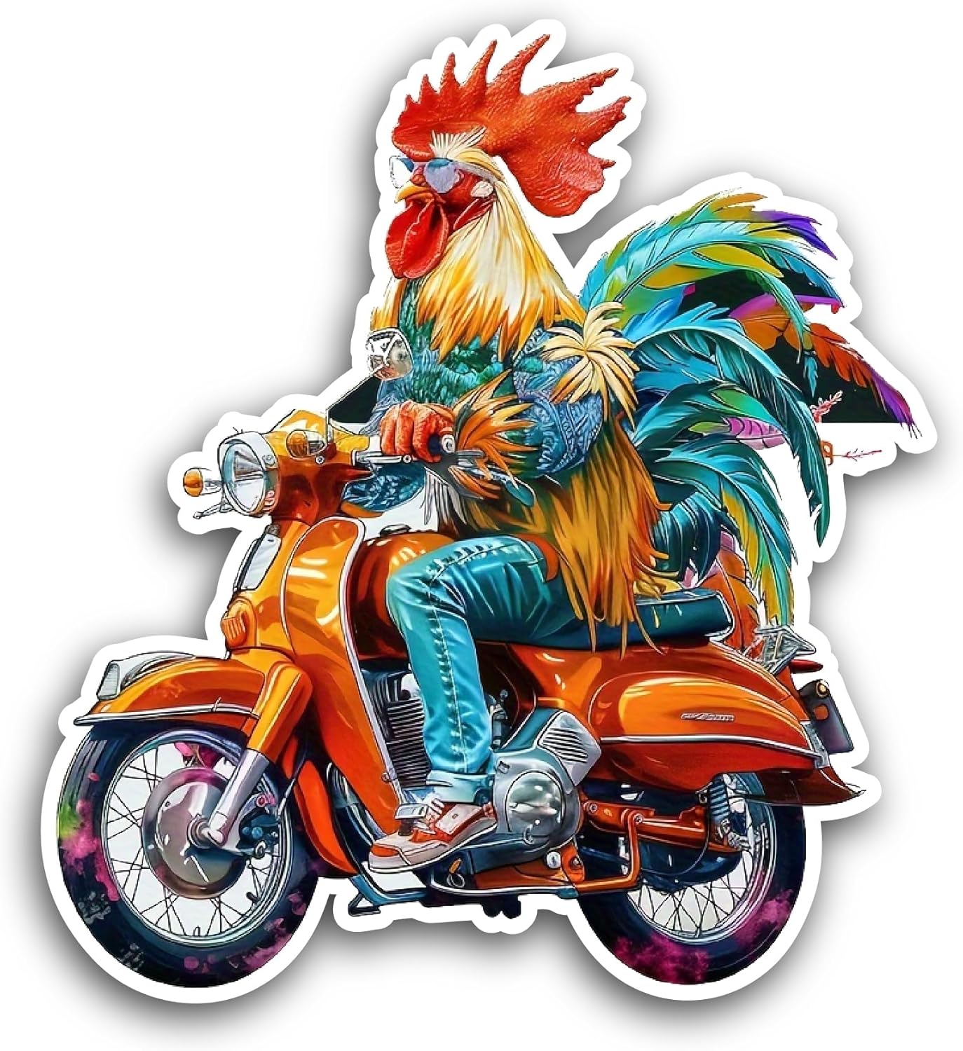 2 (Pieces) 3" and 5" Rooster On Motorcycle Sticker, Waterproof Vinyl Decals for Many Purpose Like Cars, Trucks, Laptops, Phones, Windows and More