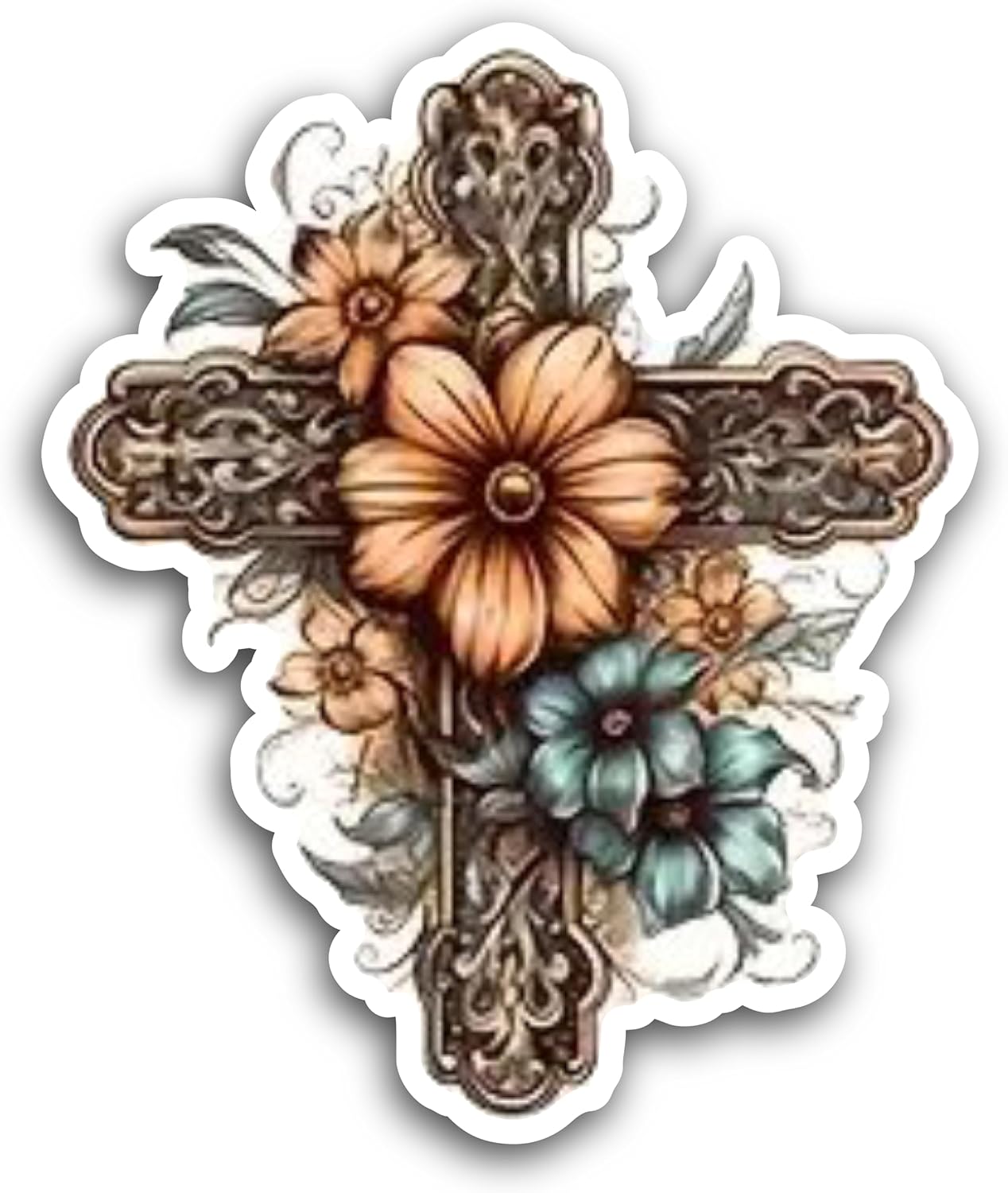 2 (Pieces) 3" and 5" Cross with Orange and Blue Colour Flower at The Center Decal Sticker,Waterproof Vinyl Decals for Many Purpose Like Cars, Trucks, Laptops, Phones, Windows and More