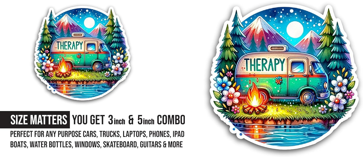 2 (Pieces) 3" and 5" Colorful Camping Van Sticker, Waterproof Vinyl Decals for Many Purpose Like Cars, Trucks, Laptops, Phones, Windows and More
