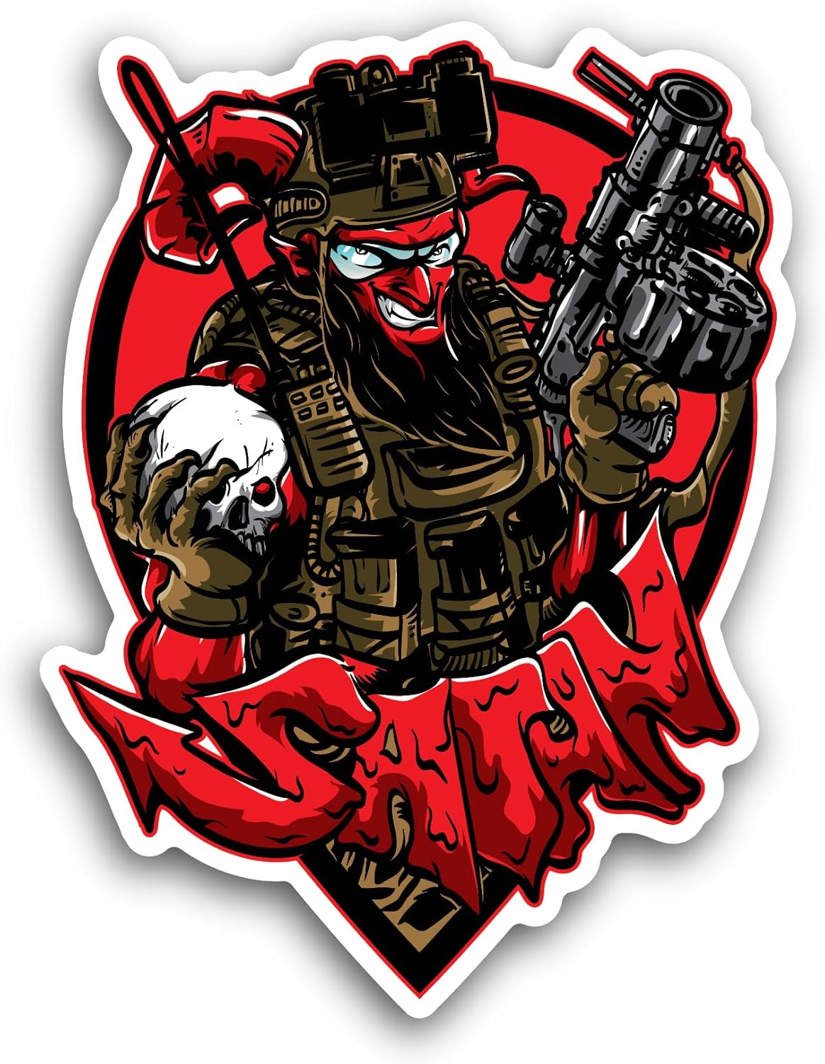 2 (Pieces) 3" and 5" Smiling Satan with Gun and Skull Sticker, Waterproof Vinyl Decals for Many Purpose Like Cars, Trucks, Laptops, Phones, Windows and More
