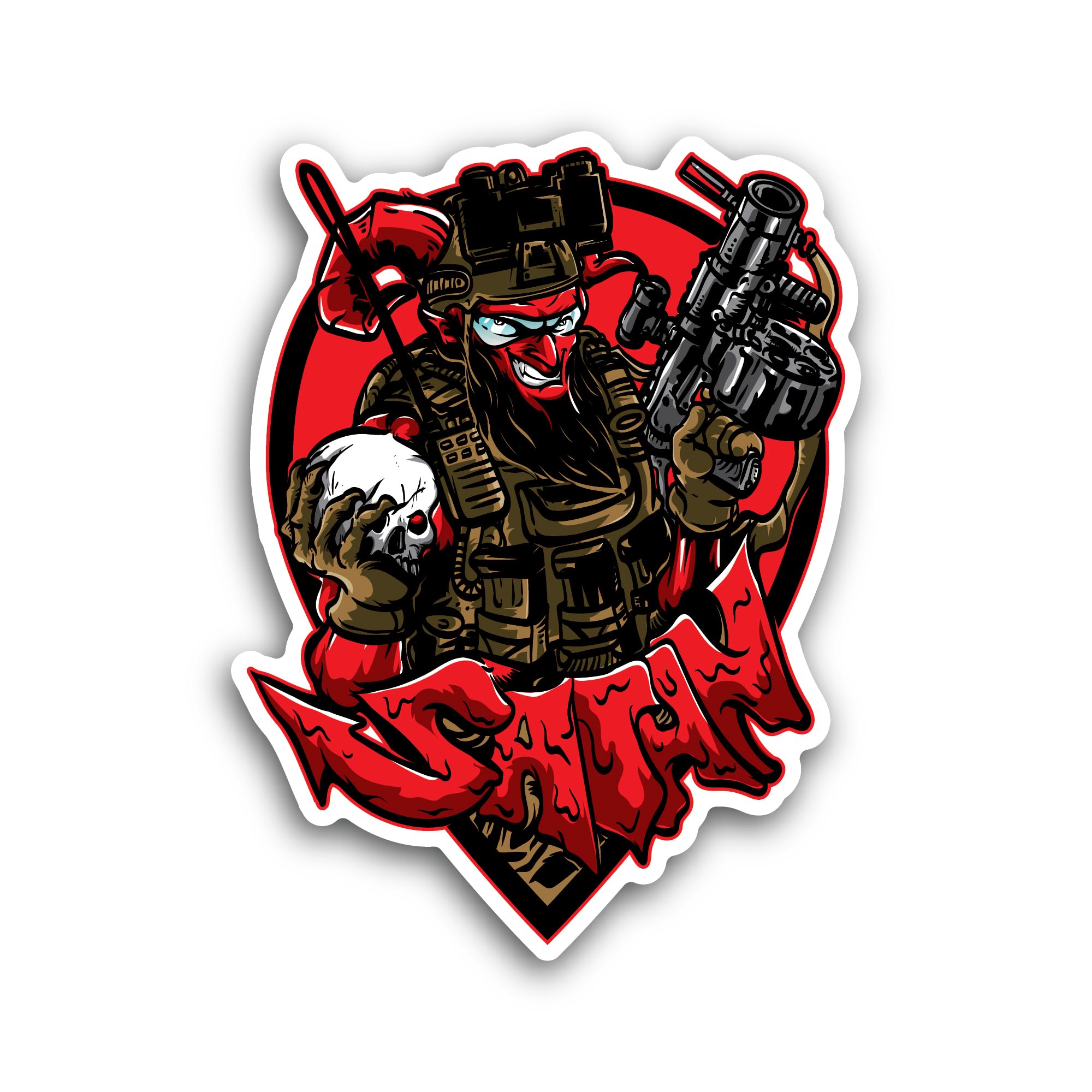 2 (Pieces) 3" and 5" Smiling Satan with Gun and Skull Sticker, Waterproof Vinyl Decals for Many Purp