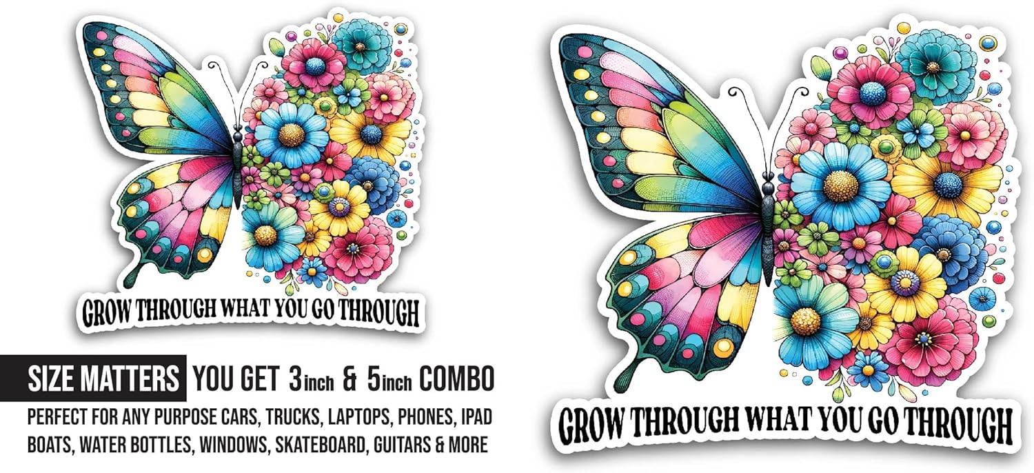 2 (Pieces) 3" and 5" Butterfly and Flowers Sticker, Waterproof Vinyl Decals for Many Purpose Like Cars, Trucks, Laptops, Phones, Windows and More