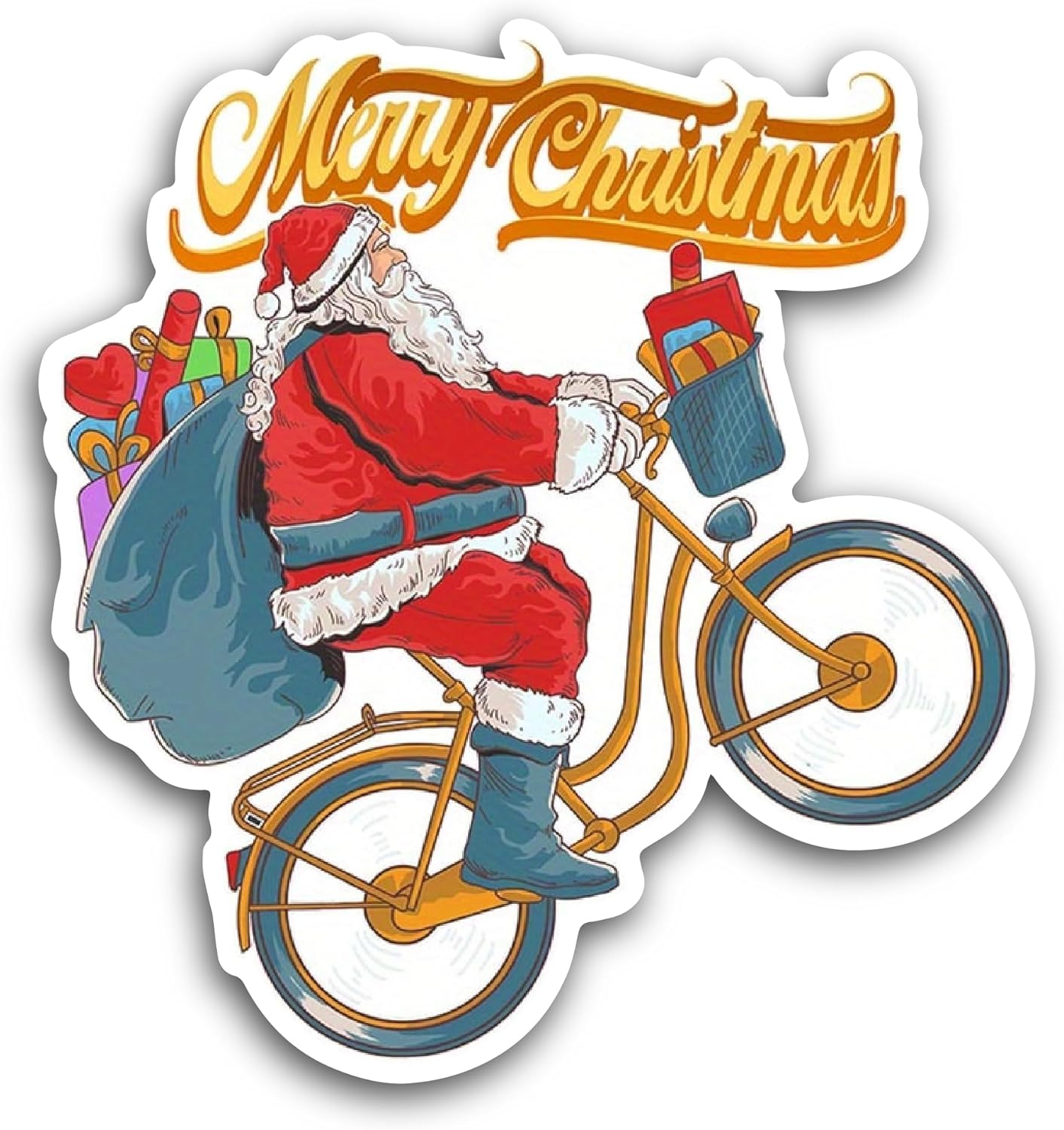 2 (Pieces) 3" and 5" Santa Claus Riding A Bicycle Sticker, Waterproof Vinyl Decals for Many Purpose Like Cars, Trucks, Laptops, Phones, Windows and More