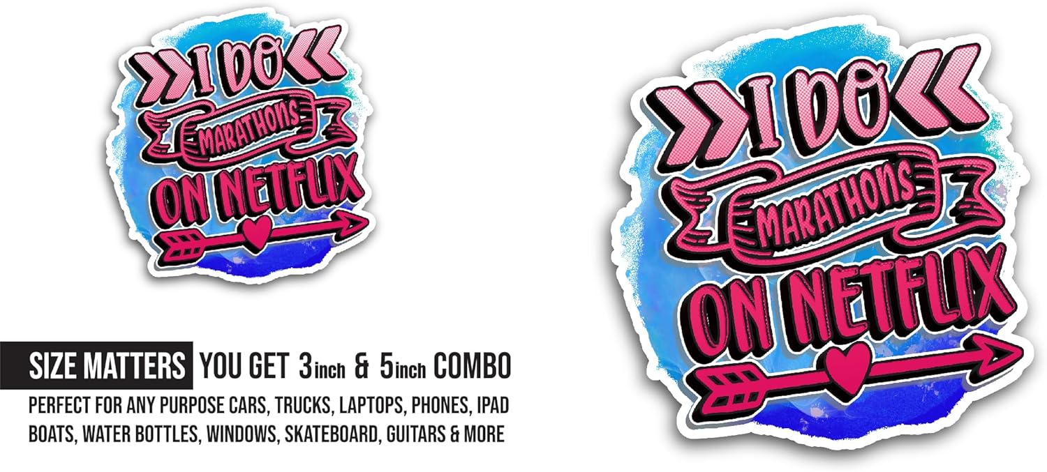 2 (Pieces) 3" and 5" I Do Marathons on Netflix Sticker, Waterproof Vinyl Decals for Many Purpose Like Cars, Trucks, Laptops, Phones, Windows and More