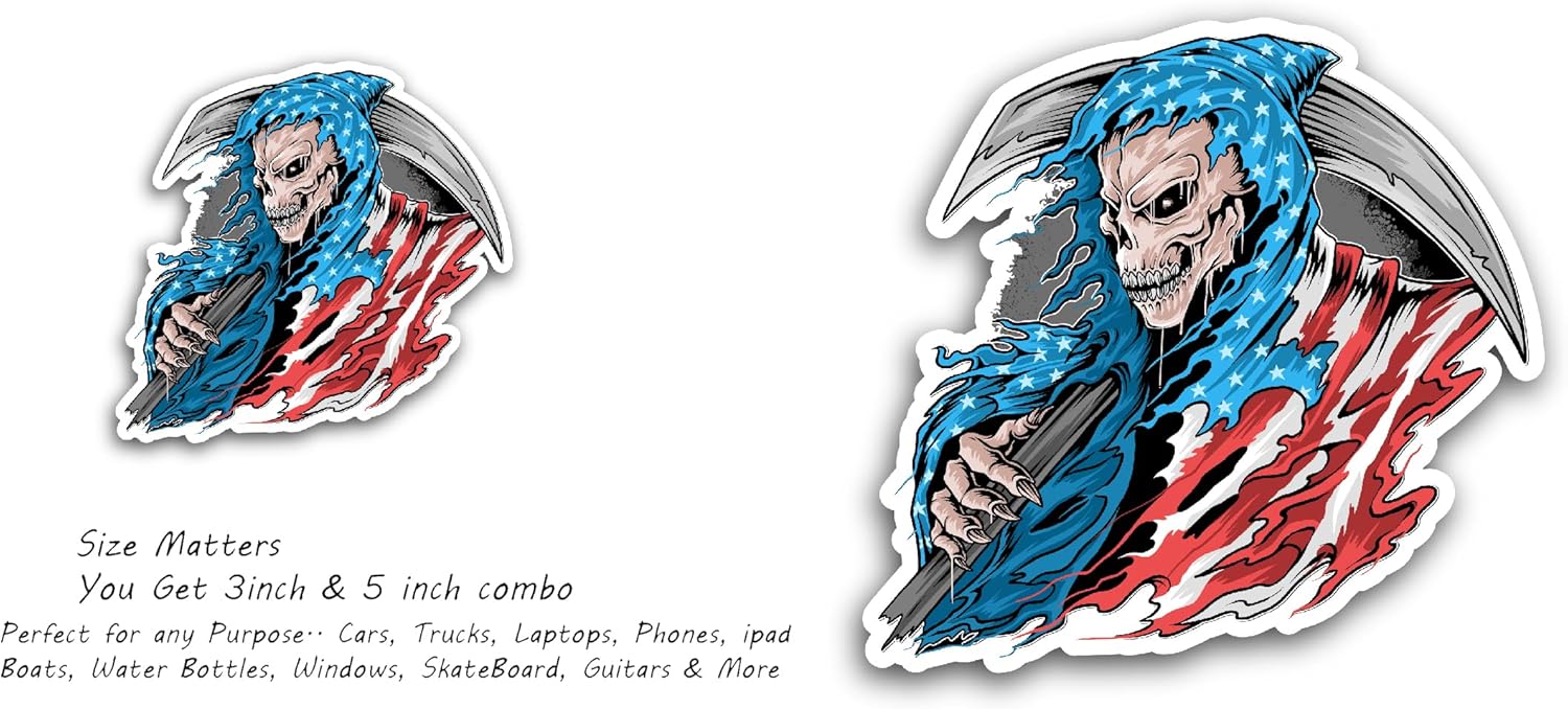 2 (Pieces) 3" and 5" Grim Reaper with American Flag Sticker, Waterproof Vinyl Decals for Many Purpose Like Cars, Trucks, Laptops, Phones, Windows and More