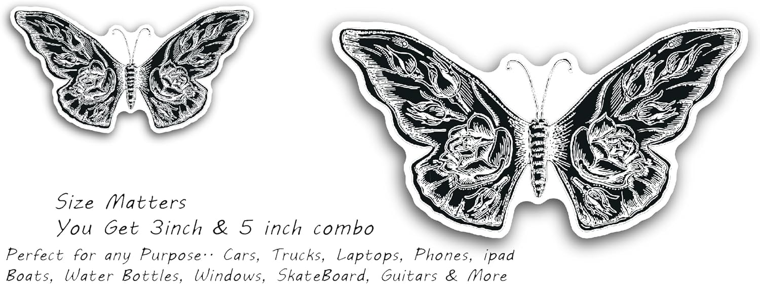2 (Pieces) 3" and 5" Black Butterfly Decal Sticker, Waterproof Vinyl Decals for Many Purpose Like Cars, Trucks, Laptops, Phones, Windows and More