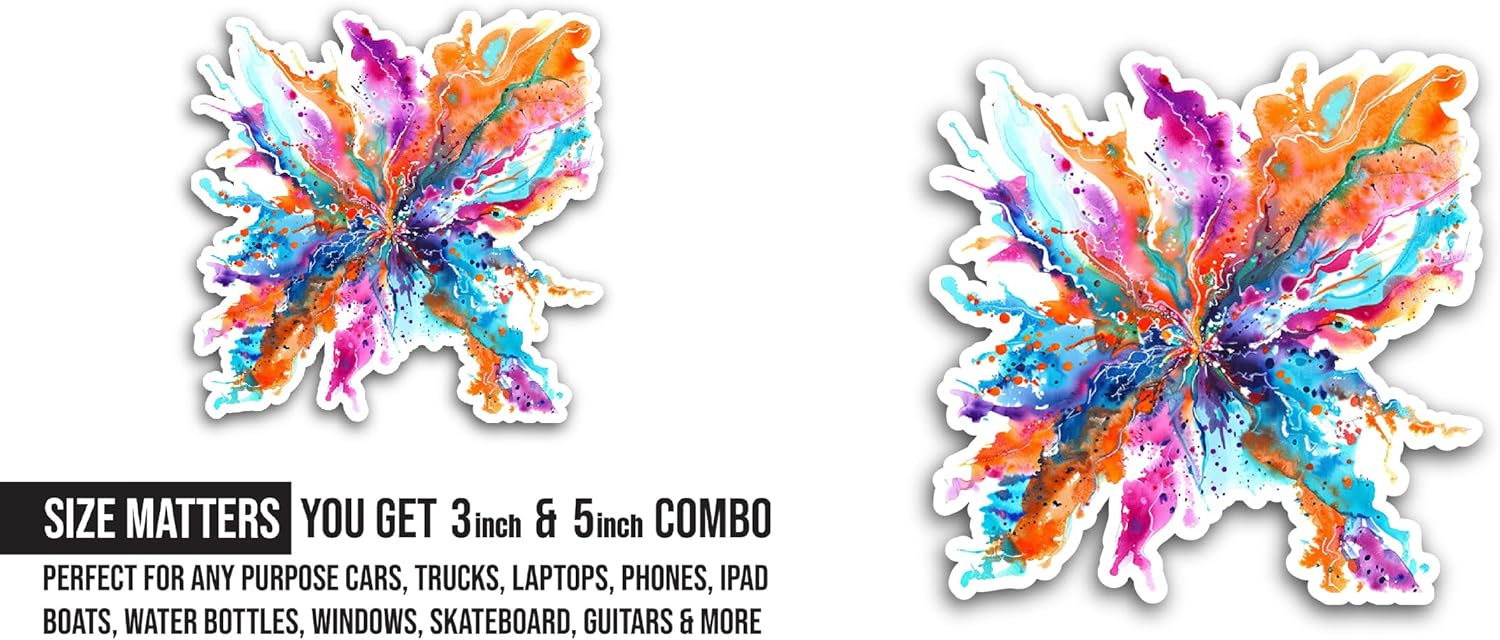 2 (Pieces) 3" and 5" Colorful Watercolor Splash Sticker, Waterproof Vinyl Decals for Many Purpose Like Cars, Trucks, Laptops, Phones, Windows and More