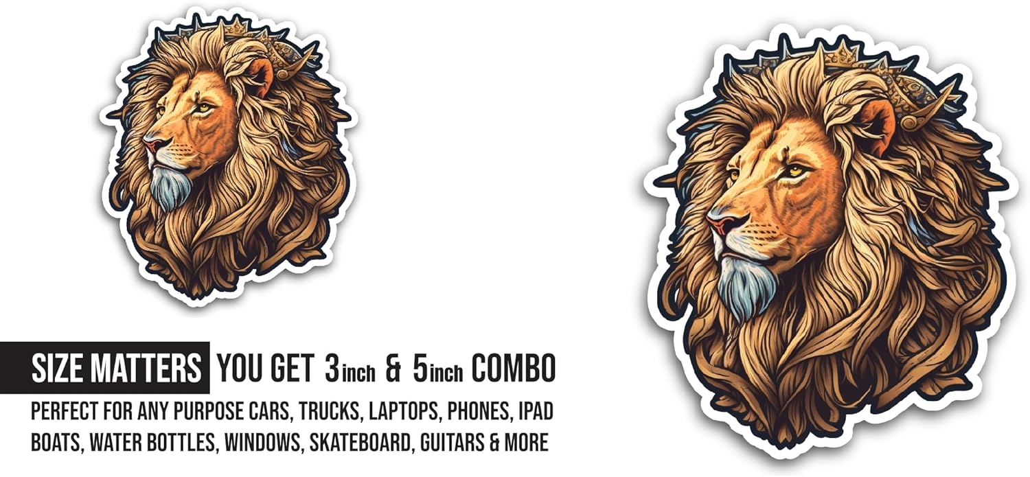 2 (Pieces) 3" and 5" Lion Head Sticker, Waterproof Vinyl Decals for Many Purpose Like Cars, Trucks, Laptops, Phones, Windows and More