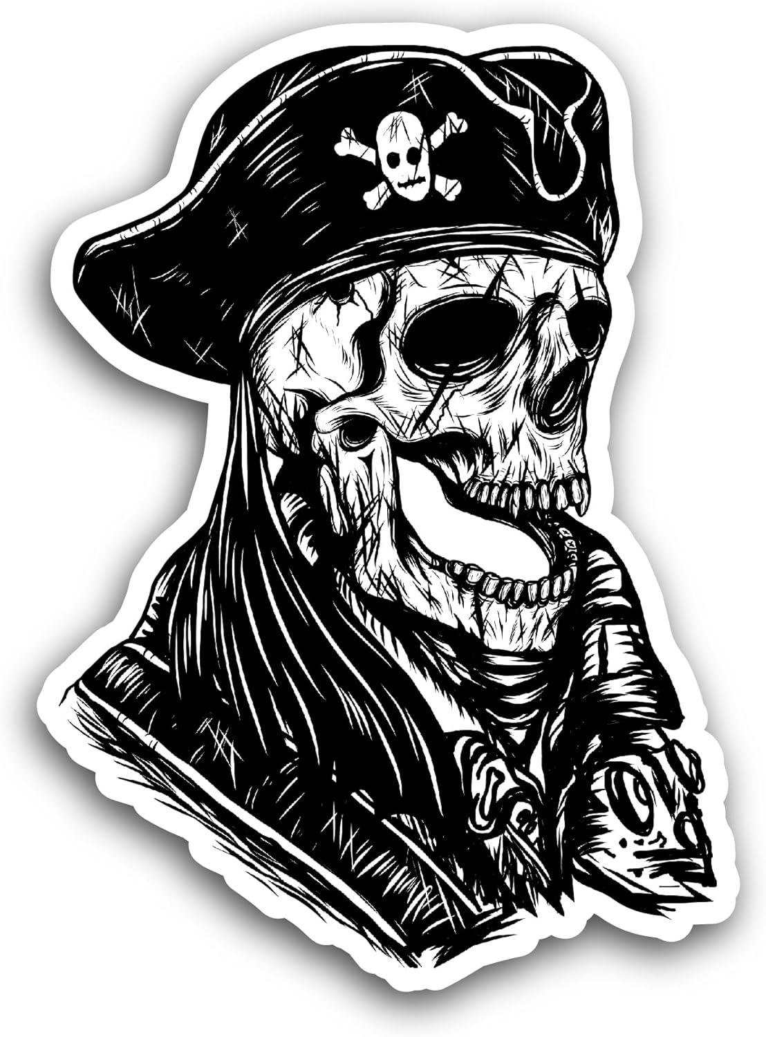 2 (Pieces) 3" and 5" Pirate Skull Hand Drawing Sticker, Waterproof Vinyl Decals for Many Purpose Like Cars, Trucks, Laptops, Phones, Windows and More