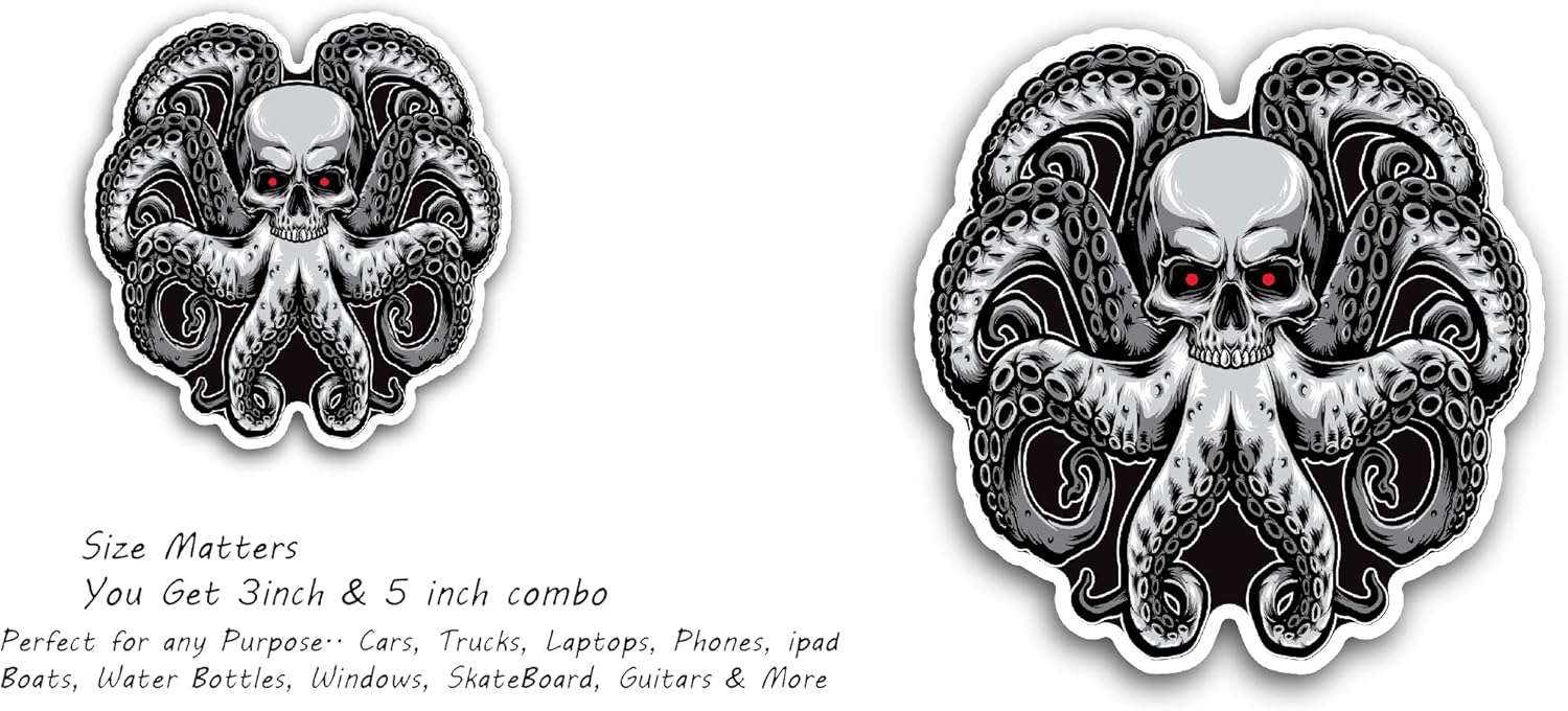 2 (Pieces) 3" and 5" Skull Octopus Sticker, Waterproof Vinyl Decals for Many Purpose Like Cars, Trucks, Laptops, Phones, Windows and More