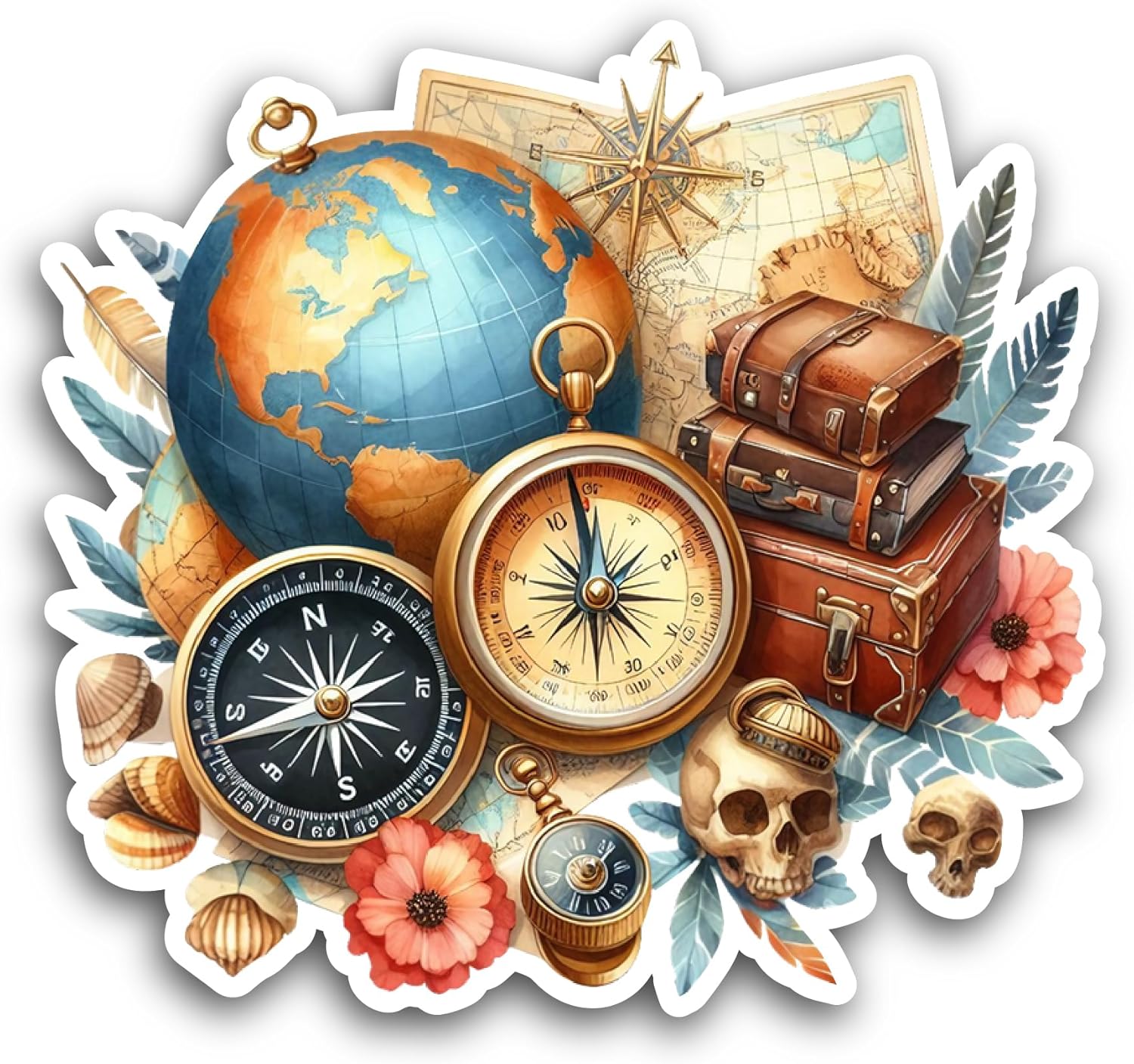 2 (Pieces) 3" and 5" World Map with A Compass Sticker, Waterproof Vinyl Decals for Many Purpose Like Cars, Trucks, Laptops, Phones, Windows and More