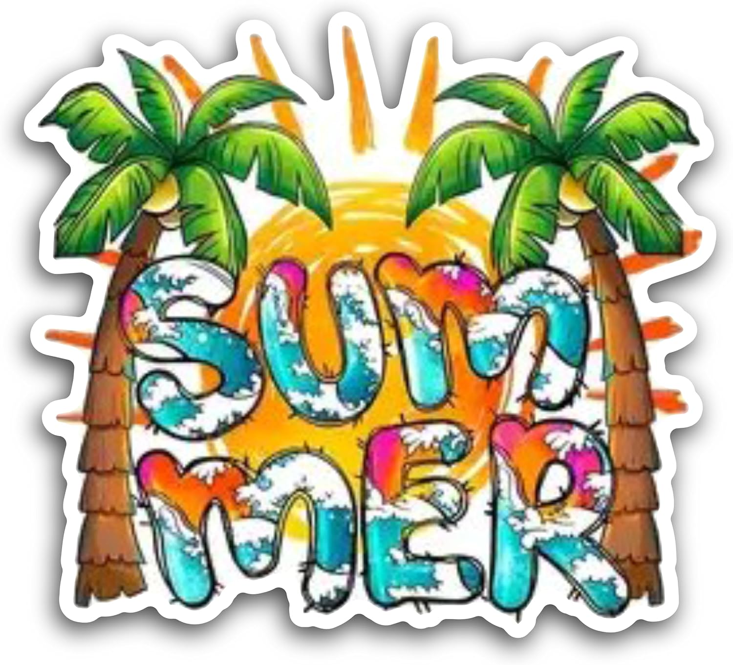 2 (Pieces) 3" and 5" Summer Waves and Sun, Waterproof Vinyl Decals for Many Purpose Like Cars, Trucks, Laptops, Phones, Windows and More