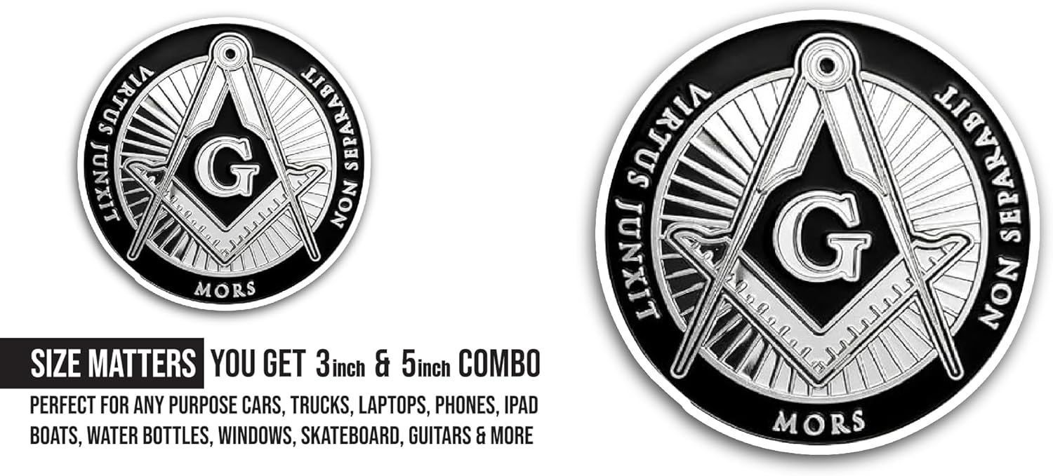 2 (Pieces) 3" and 5" Chrome Plated Square and Compass Sticker, Waterproof Vinyl Decals for Many Purpose Like Cars, Trucks, Laptops, Phones, Windows and More