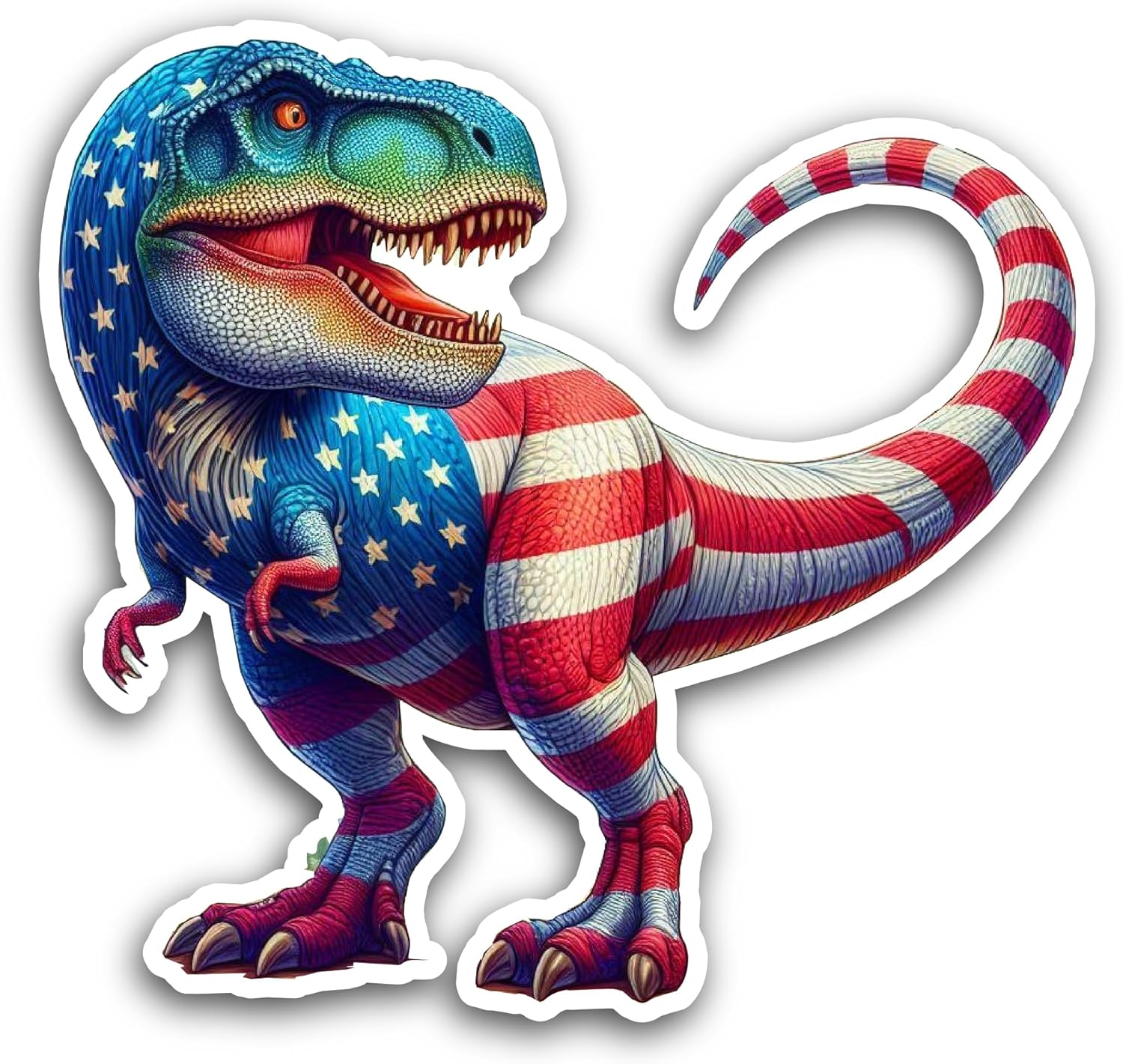 2 (Pieces) 3" and 5" Dinosaur Wondering in American Flag Color Decal Sticker,Waterproof Vinyl Decals for Many Purpose Like Cars, Trucks, Laptops, Phones, Windows and More