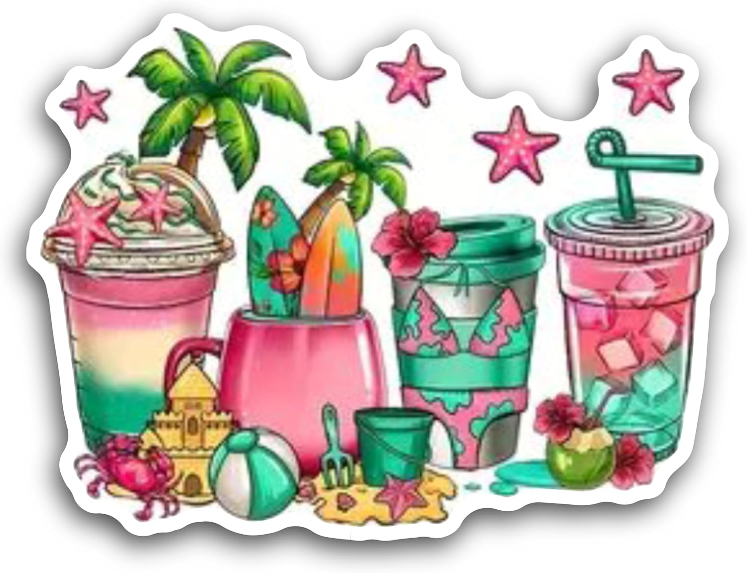 2 (Pieces) 3" and 5" The Beach Coconut Trees Sand, Crabs, Ball and Sippers Decal Sticker, Waterproof Vinyl Decals for Many Purpose Like Cars, Trucks, Laptops, Phones, Windows and More