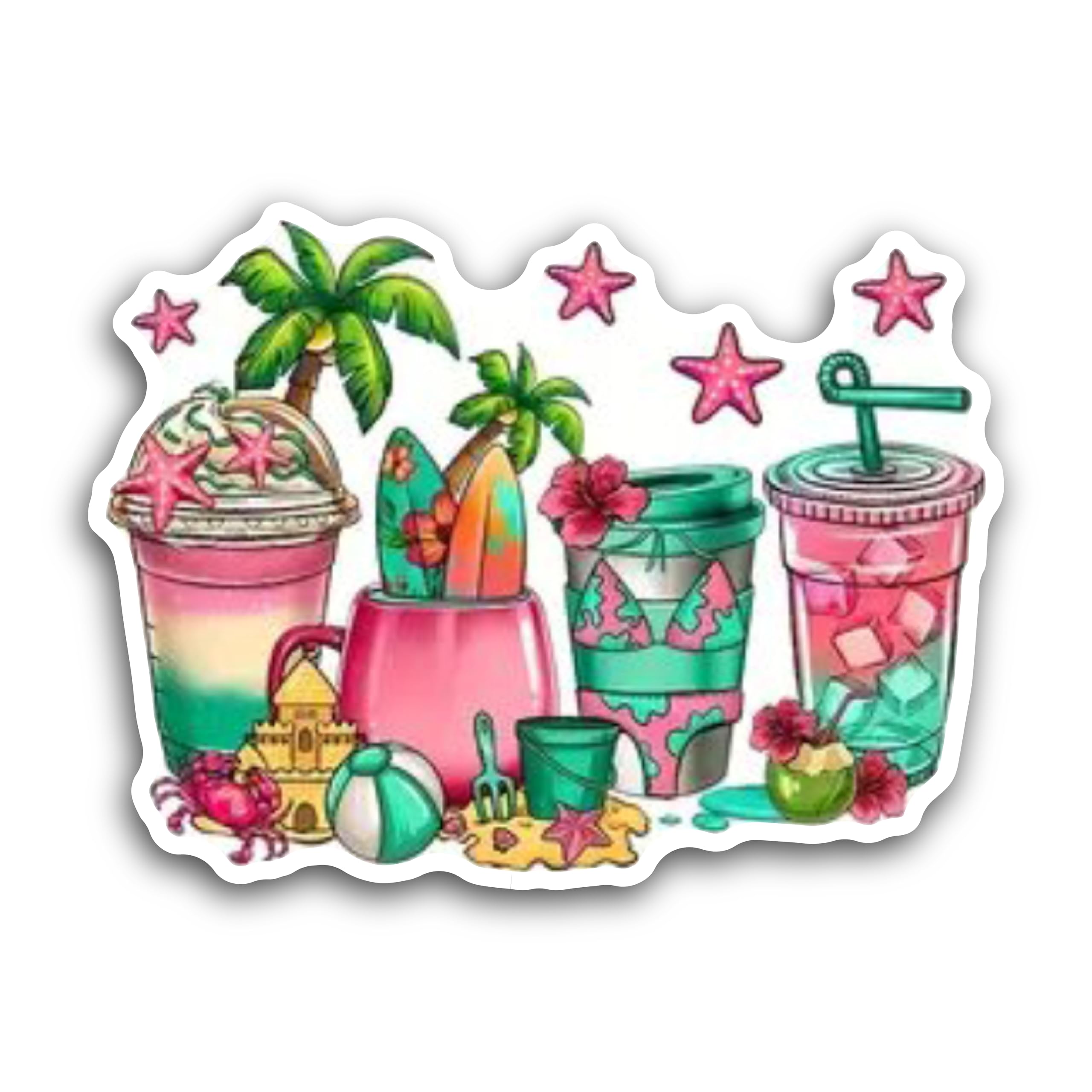 2 (Pieces) 3" and 5" The Beach Coconut Trees Sand, Crabs, Ball and Sippers Decal Sticker, Waterproof