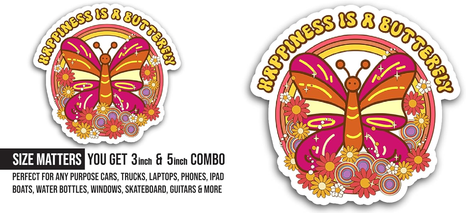2 (Pieces) 3" and 5" Happiness is A Butterfly Sticker, Waterproof Vinyl Decals for Many Purpose Like Cars, Trucks, Laptops, Phones, Windows and More