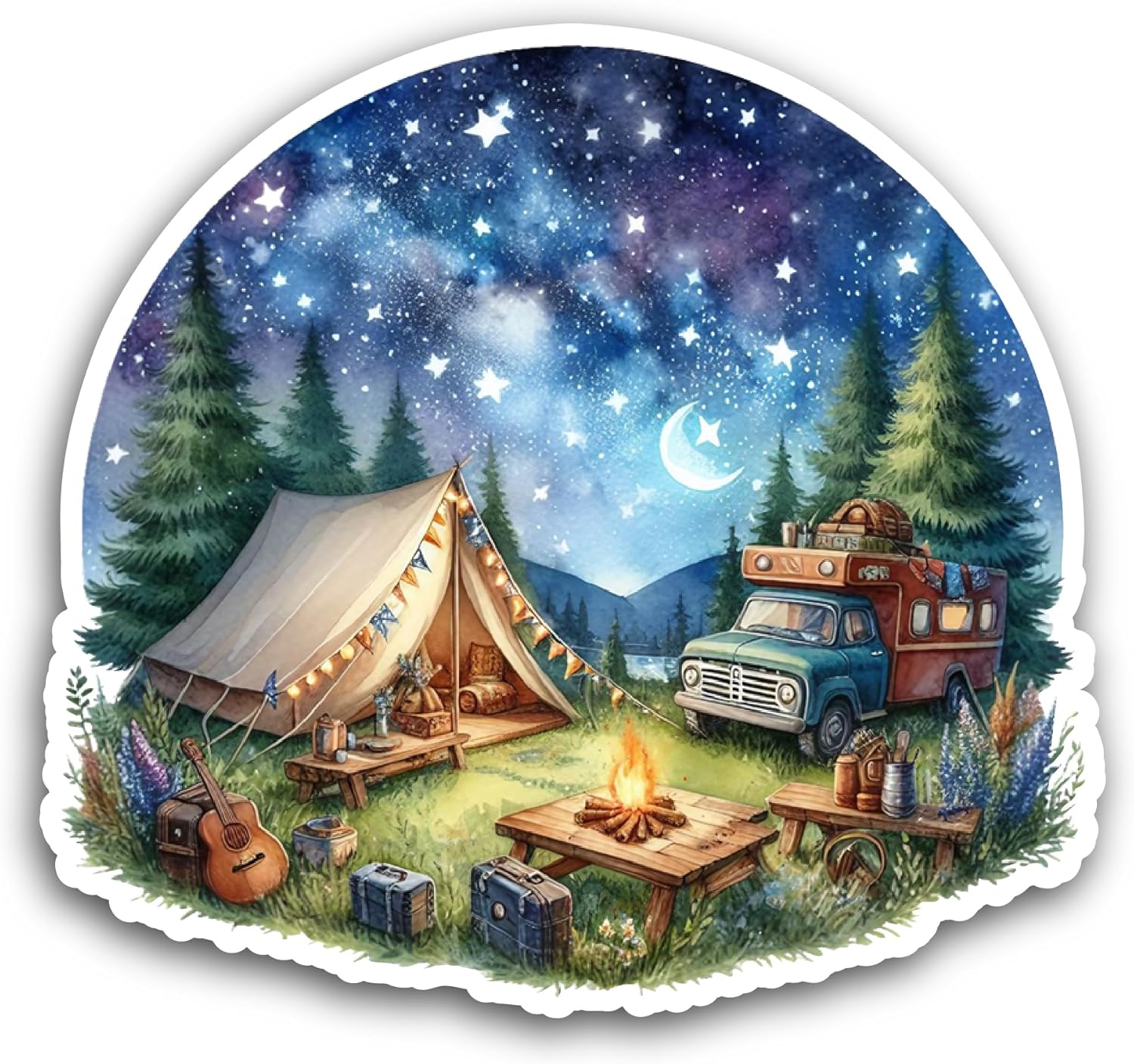 2 (Pieces) 3" and 5" Cosmic Campsite Sticker, Waterproof Vinyl Decals for Many Purpose Like Cars, Trucks, Laptops, Phones, Windows and More