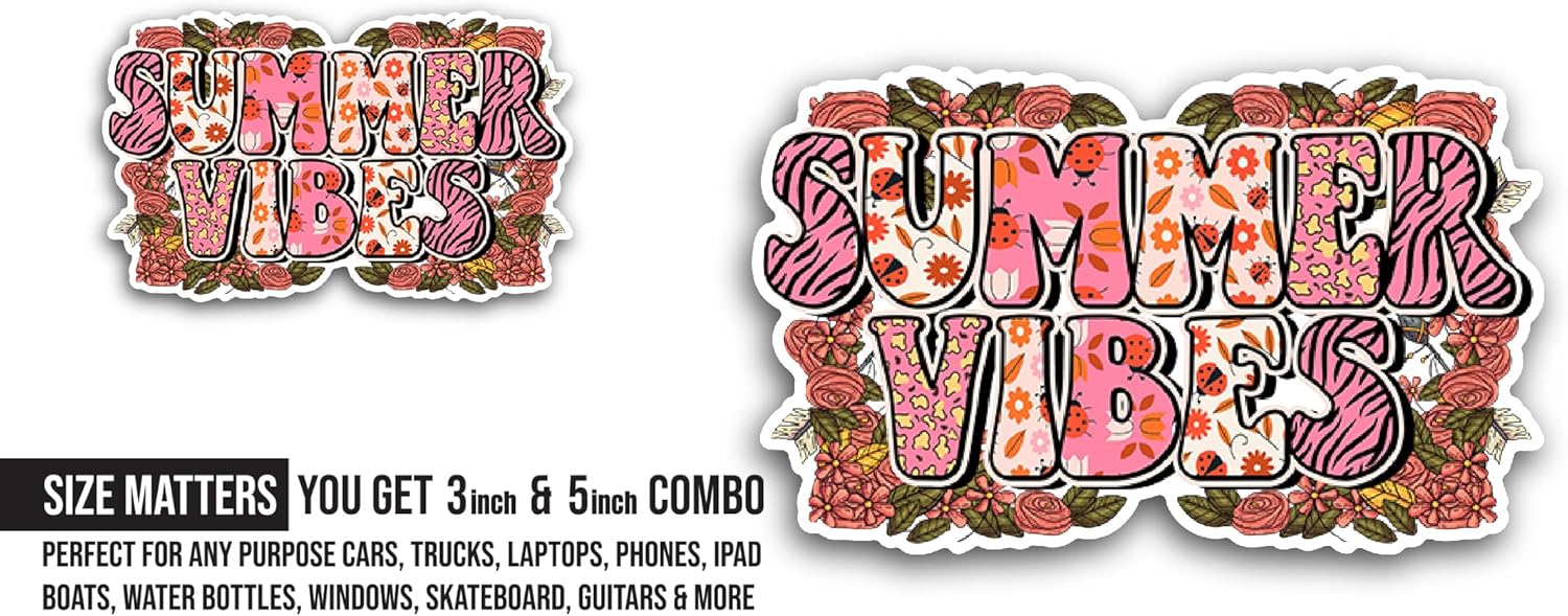 2 (Pieces) 3" and 5" Summer Vibes Sticker, Waterproof Vinyl Decals for Many Purpose Like Cars, Trucks, Laptops, Phones, Windows and More