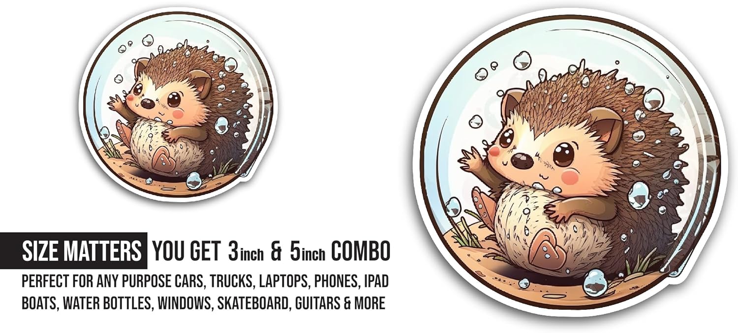 2 (Pieces) 3" and 5" Hedgehog Sticker, Waterproof Vinyl Decals for Many Purpose Like Cars, Trucks, Laptops, Phones, Windows and More