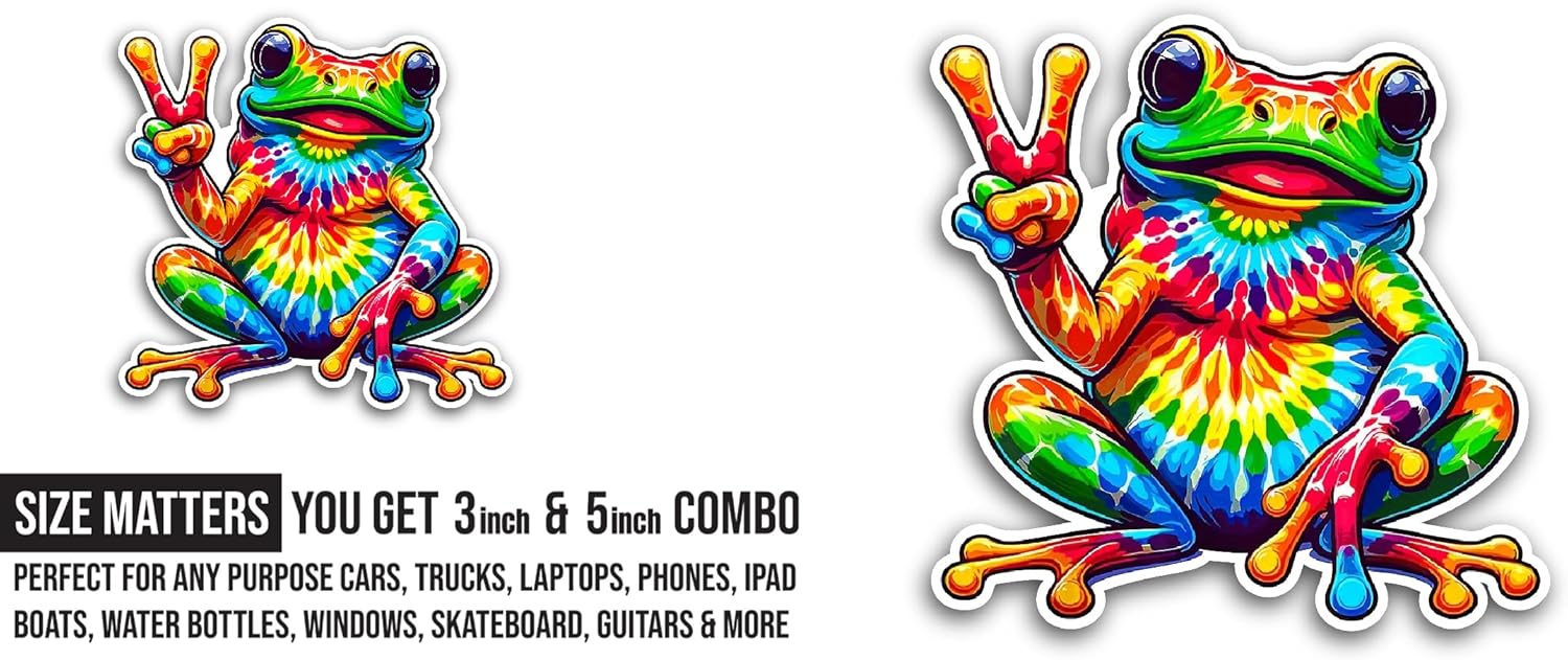 2 (Pieces) 3" and 5" Peace Sign Frog Sticker, Waterproof Vinyl Decals for Many Purpose Like Cars, Trucks, Laptops, Phones, Windows and More