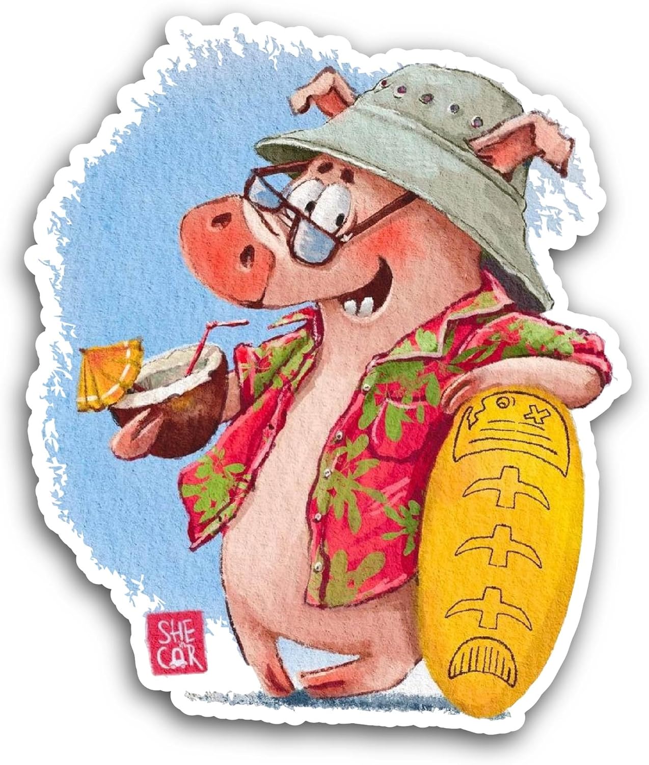 2 (Pieces) 3" and 5" Hawaiian Pig with Sunglasses Sticker, Waterproof Vinyl Decals for Many Purpose Like Cars, Trucks, Laptops, Phones, Windows and More