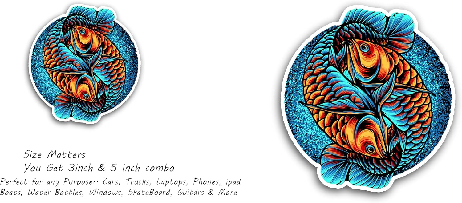 2 (Pieces) 3" and 5" Koi Fish Vinyl Decals Sticker, Waterproof Vinyl Decals for Many Purpose Like Cars, Trucks, Laptops, Phones, Windows and More
