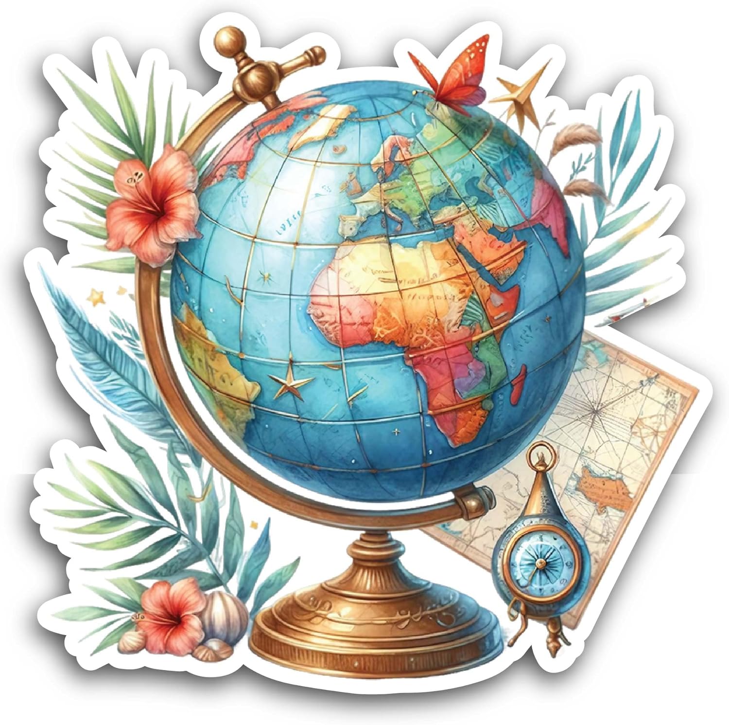 2 (Pieces) 3" and 5" Floral Globe Sticker, Waterproof Vinyl Decals for Many Purpose Like Cars, Trucks, Laptops, Phones, Windows and More