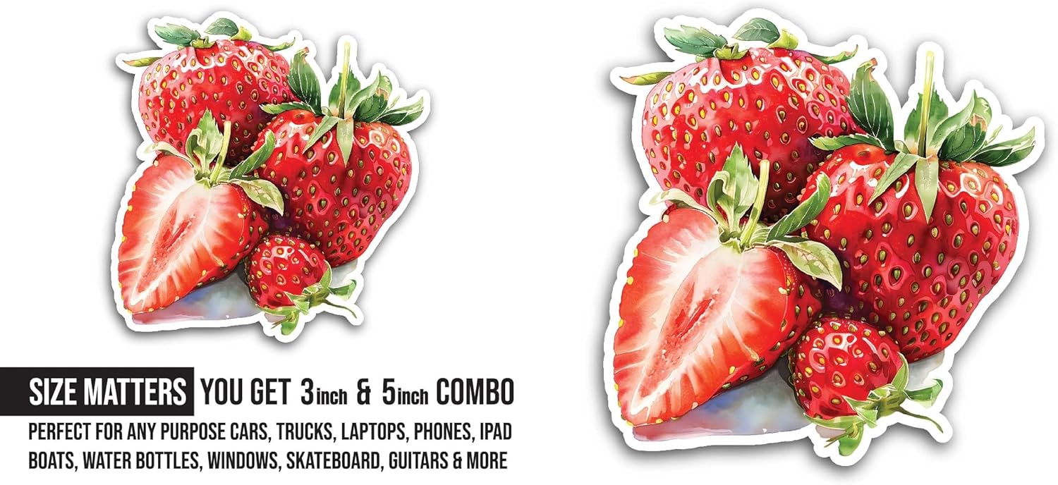 2 (Pieces) 3" and 5" Strawberries Sticker, Waterproof Vinyl Decals for Many Purpose Like Cars, Trucks, Laptops, Phones, Windows and More