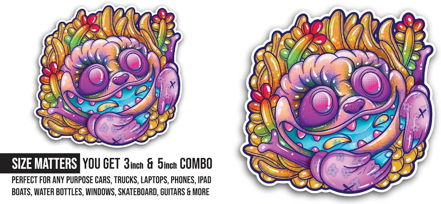 2 (Pieces) 3" and 5" Colorful Monster Sticker, Waterproof Vinyl Decals for Many Purpose Like Cars, Trucks, Laptops, Phones, Windows and More